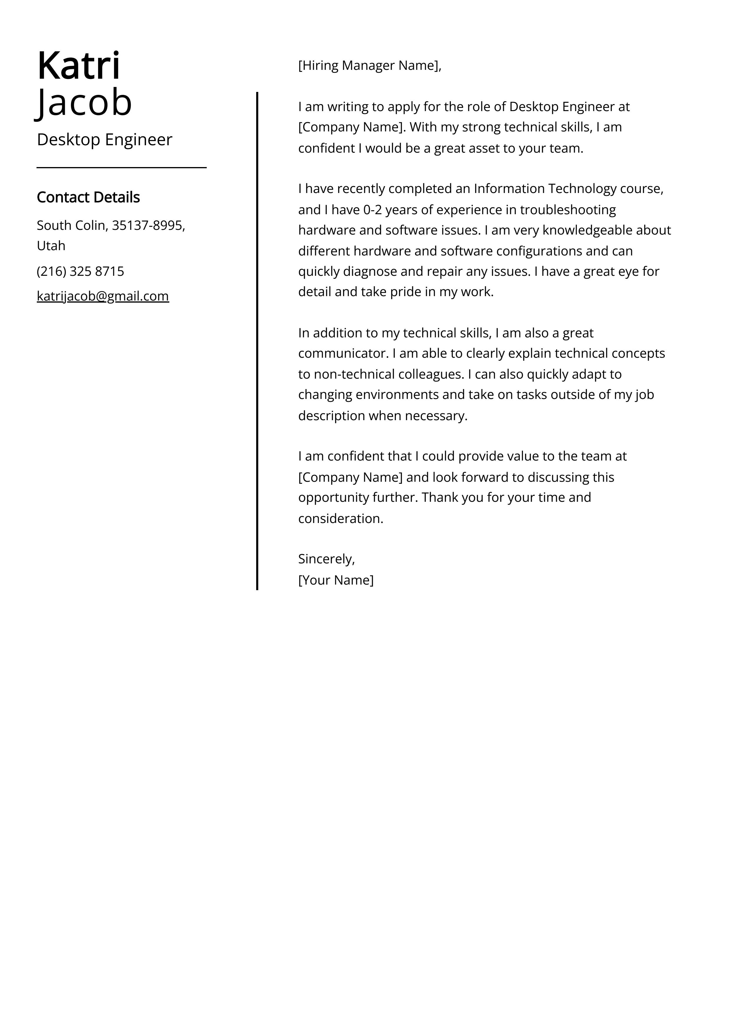 Desktop Engineer Cover Letter Example