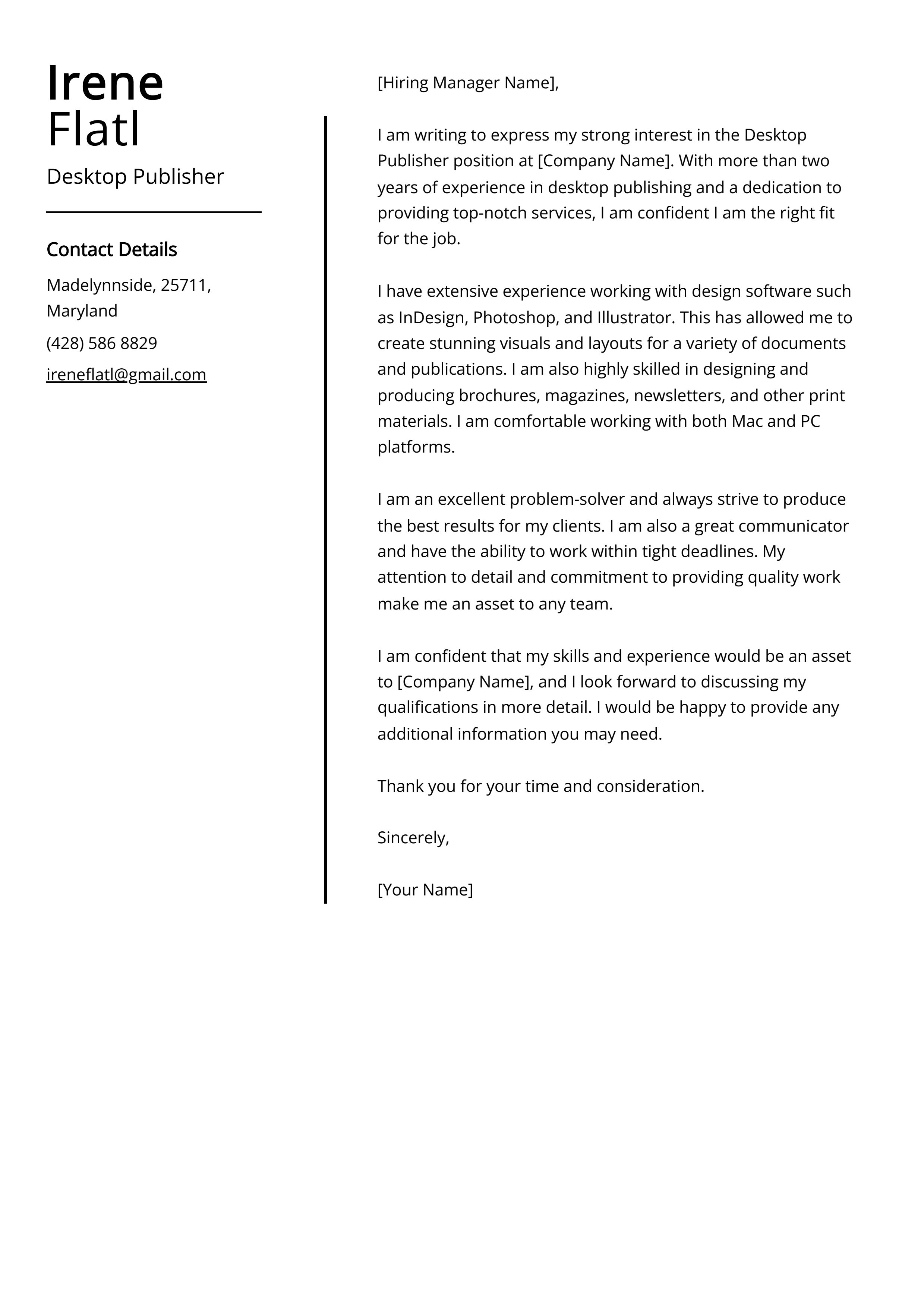 Desktop Publisher Cover Letter Example