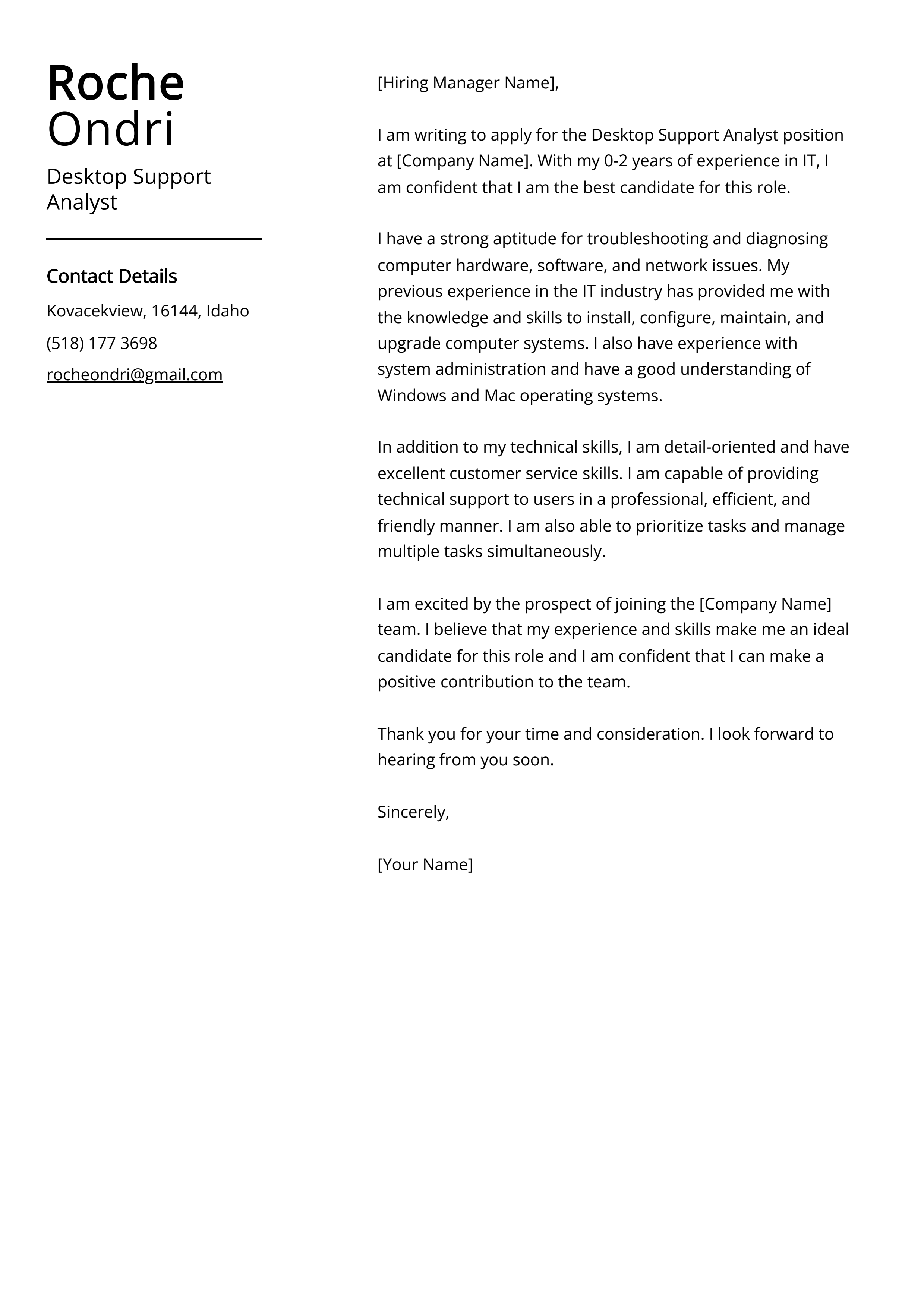 Desktop Support Analyst Cover Letter Example