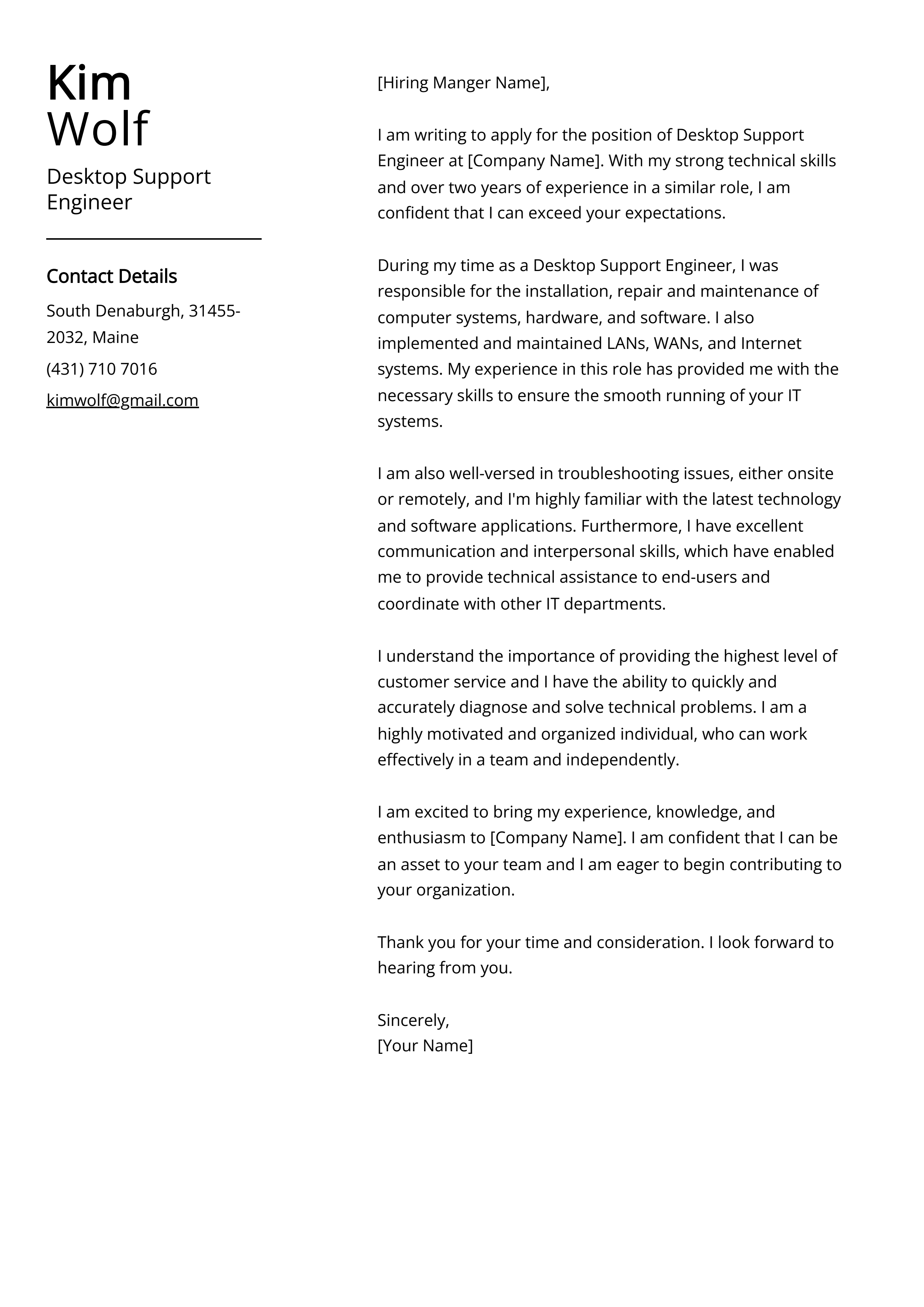 Desktop Support Engineer Cover Letter Example