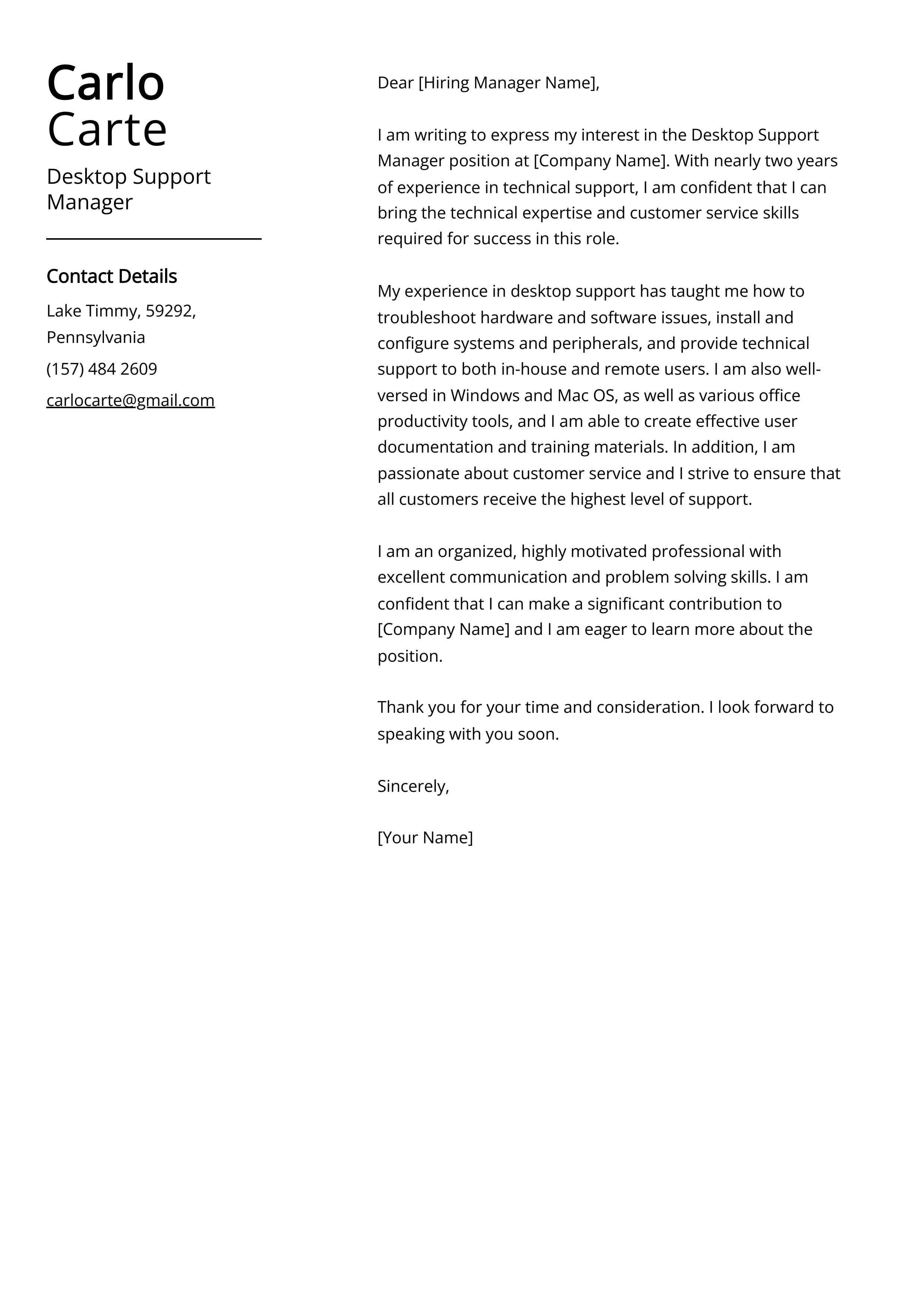 Desktop Support Manager Cover Letter Example