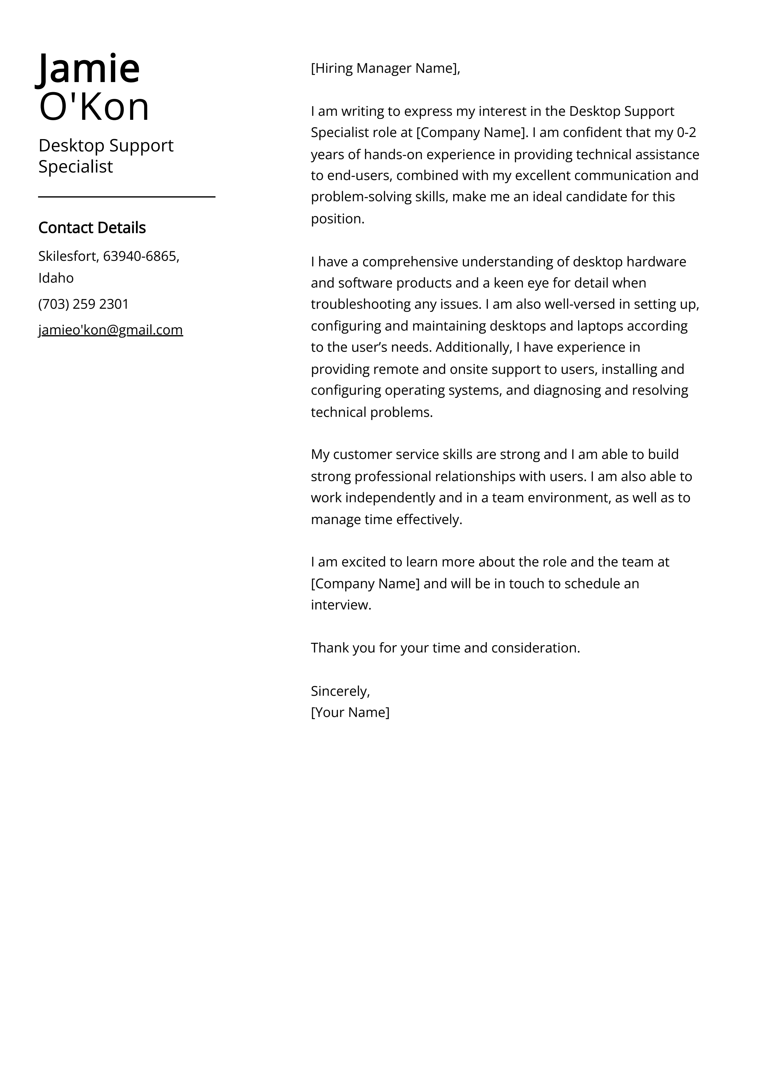 Desktop Support Specialist Cover Letter Example