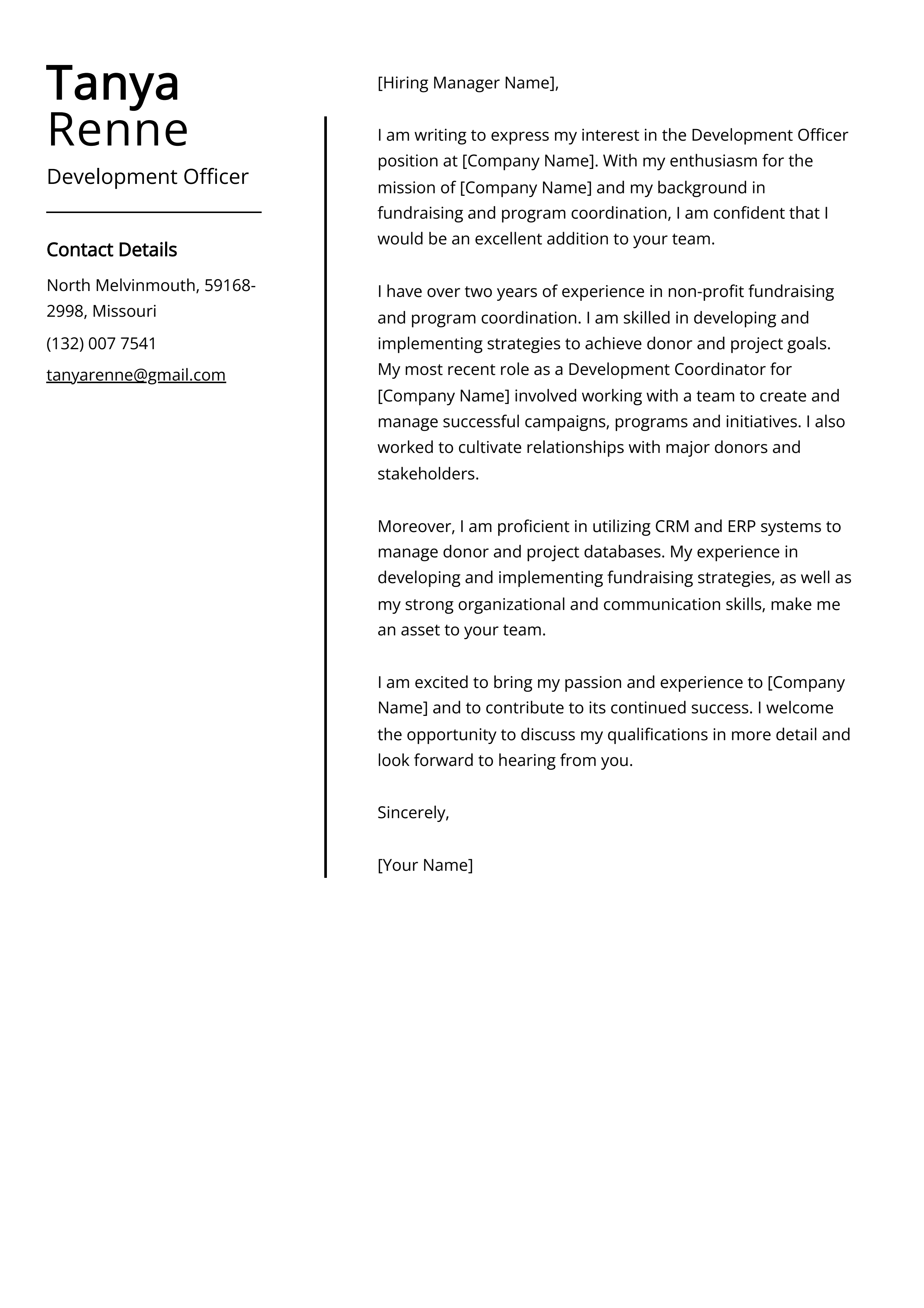 Development Officer Cover Letter Example