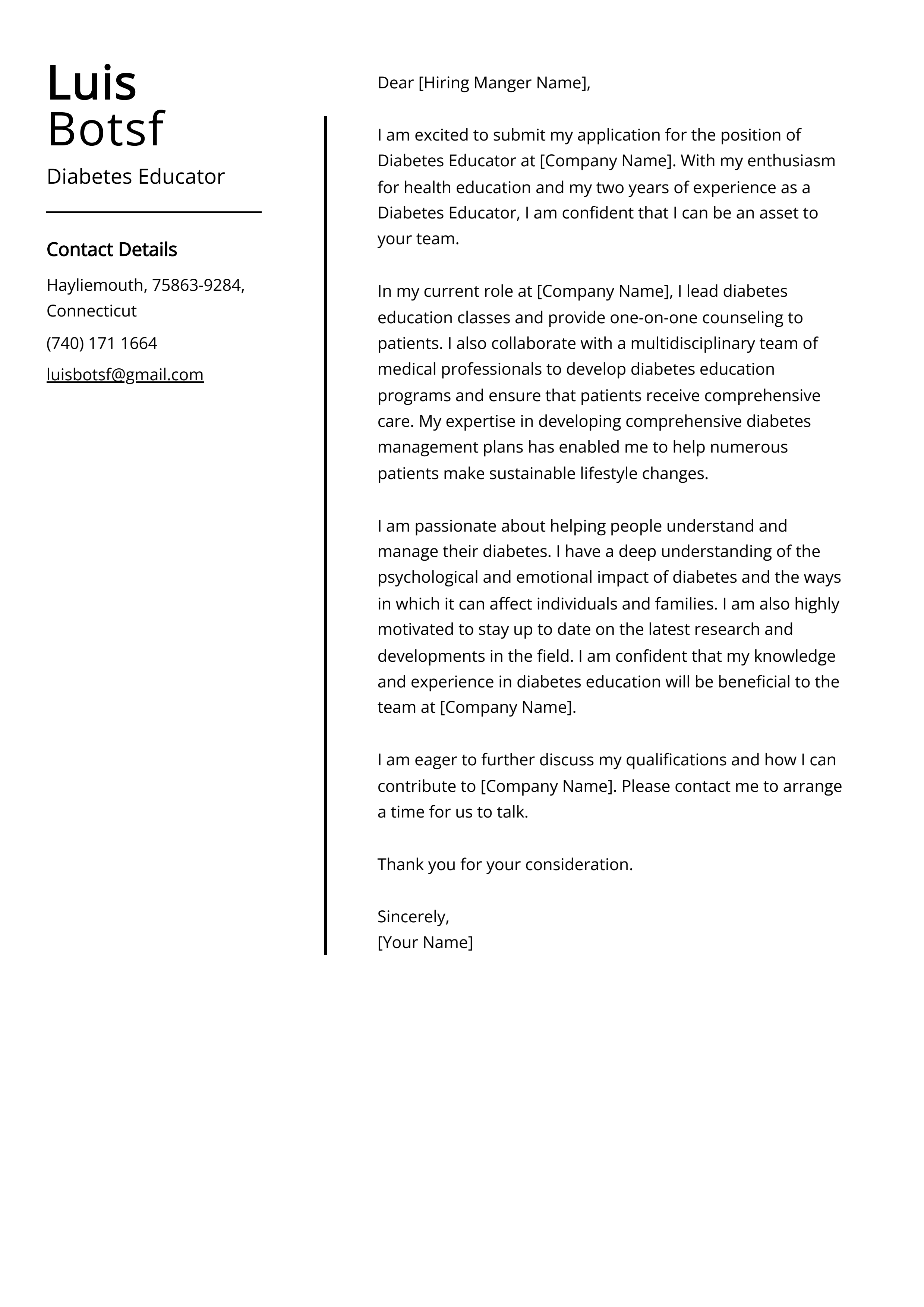 Diabetes Educator Cover Letter Example