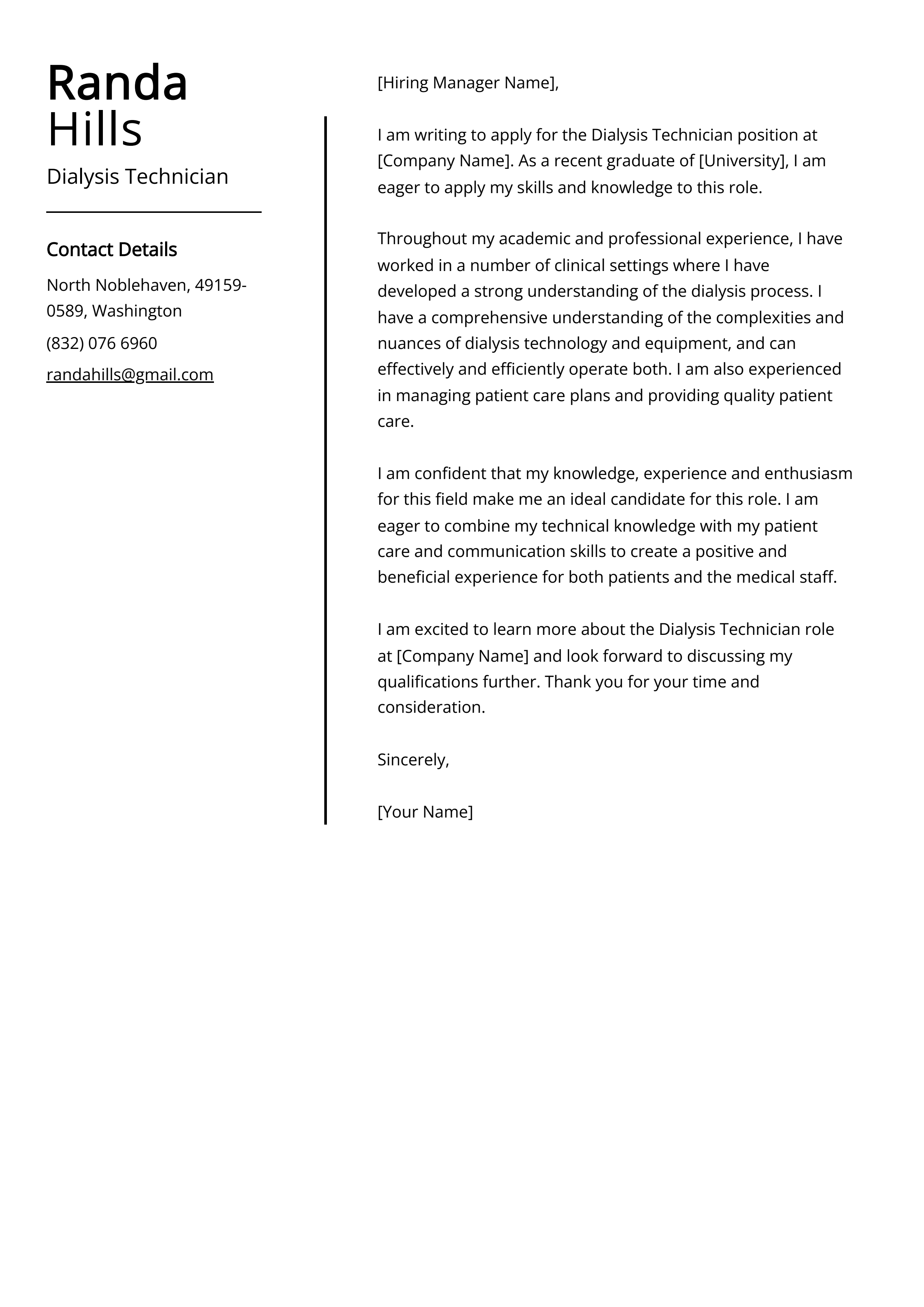 Dialysis Technician Cover Letter Example