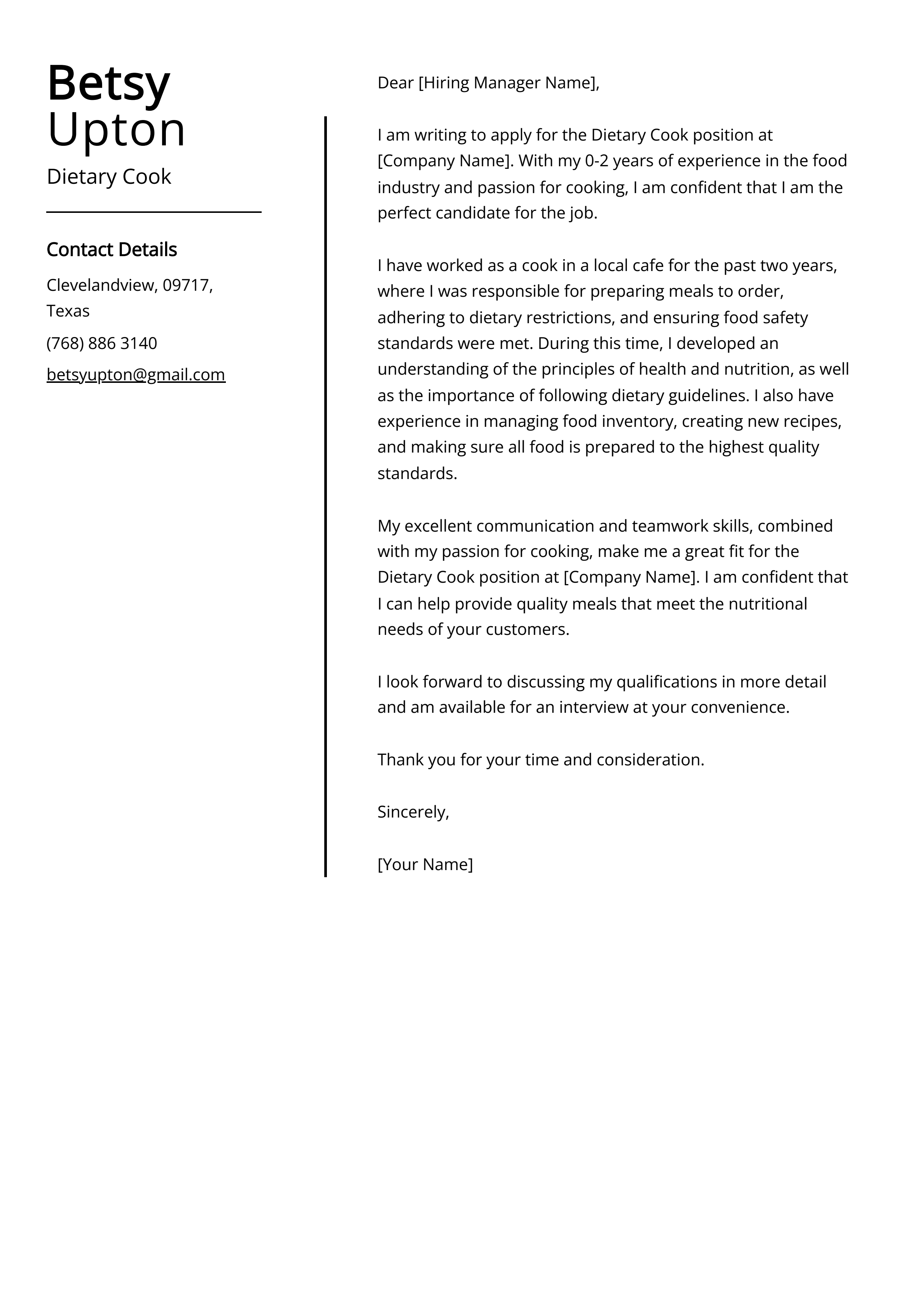Dietary Cook Cover Letter Example