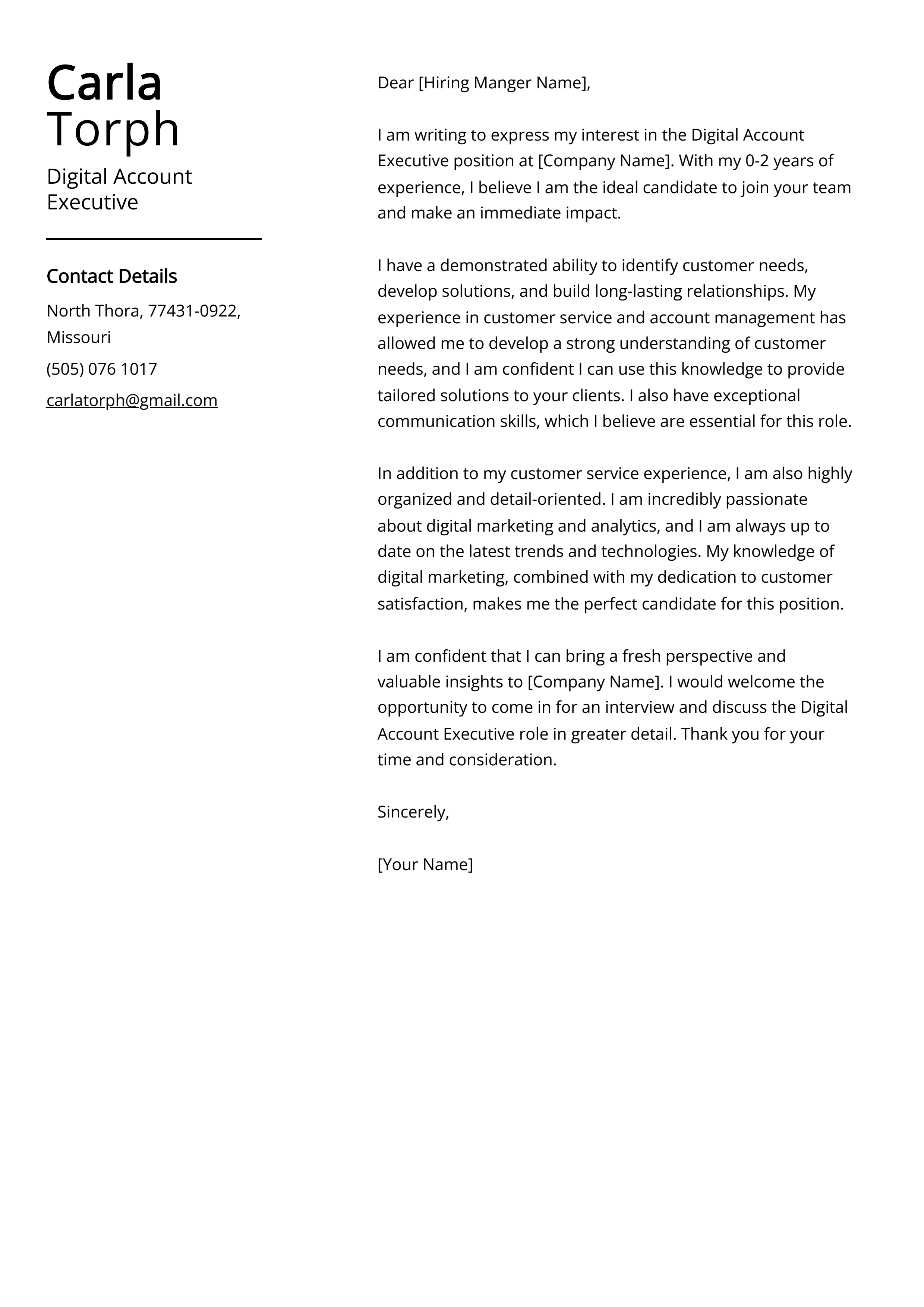 Digital Account Executive Cover Letter Example