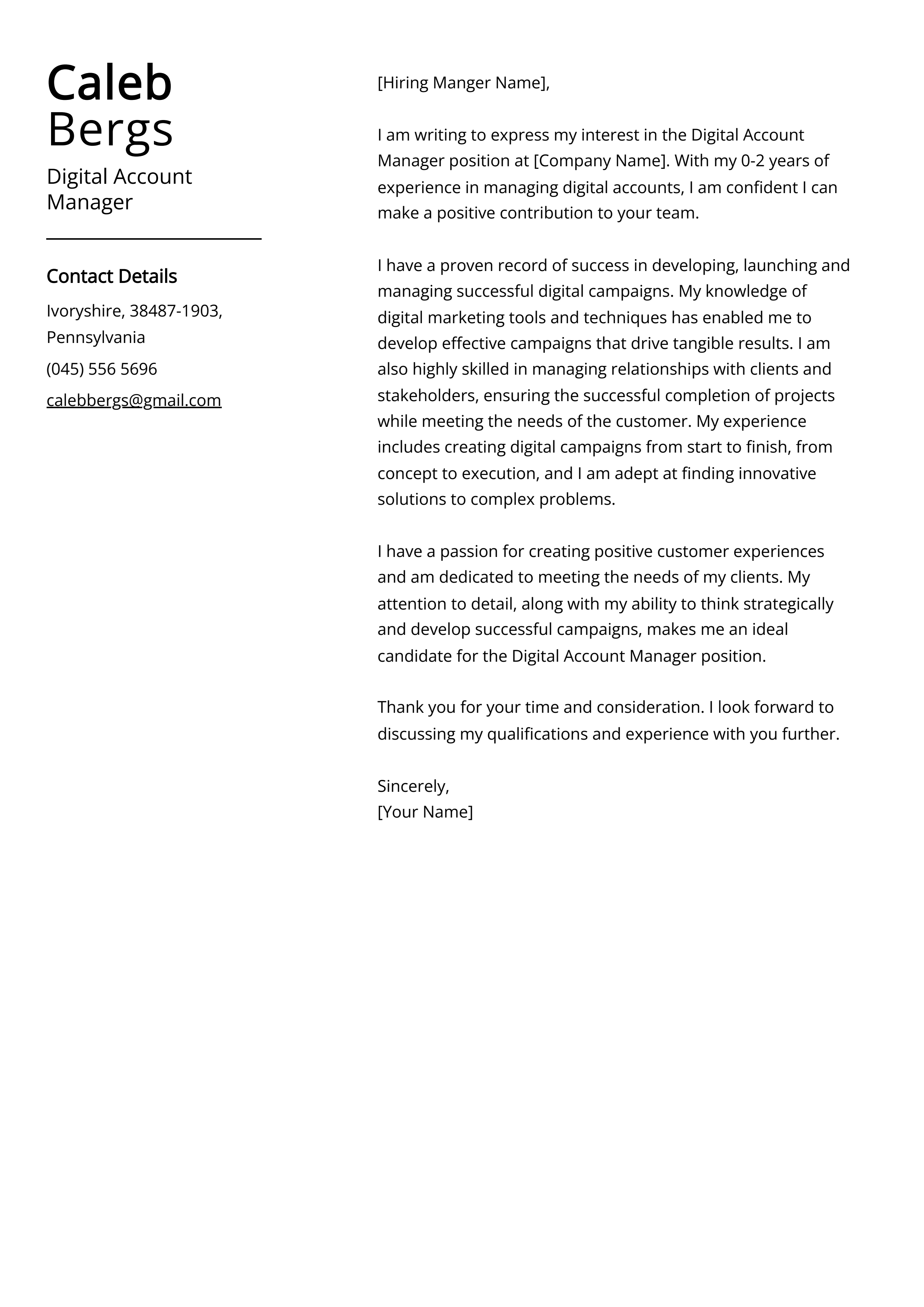 Digital Account Manager Cover Letter Example