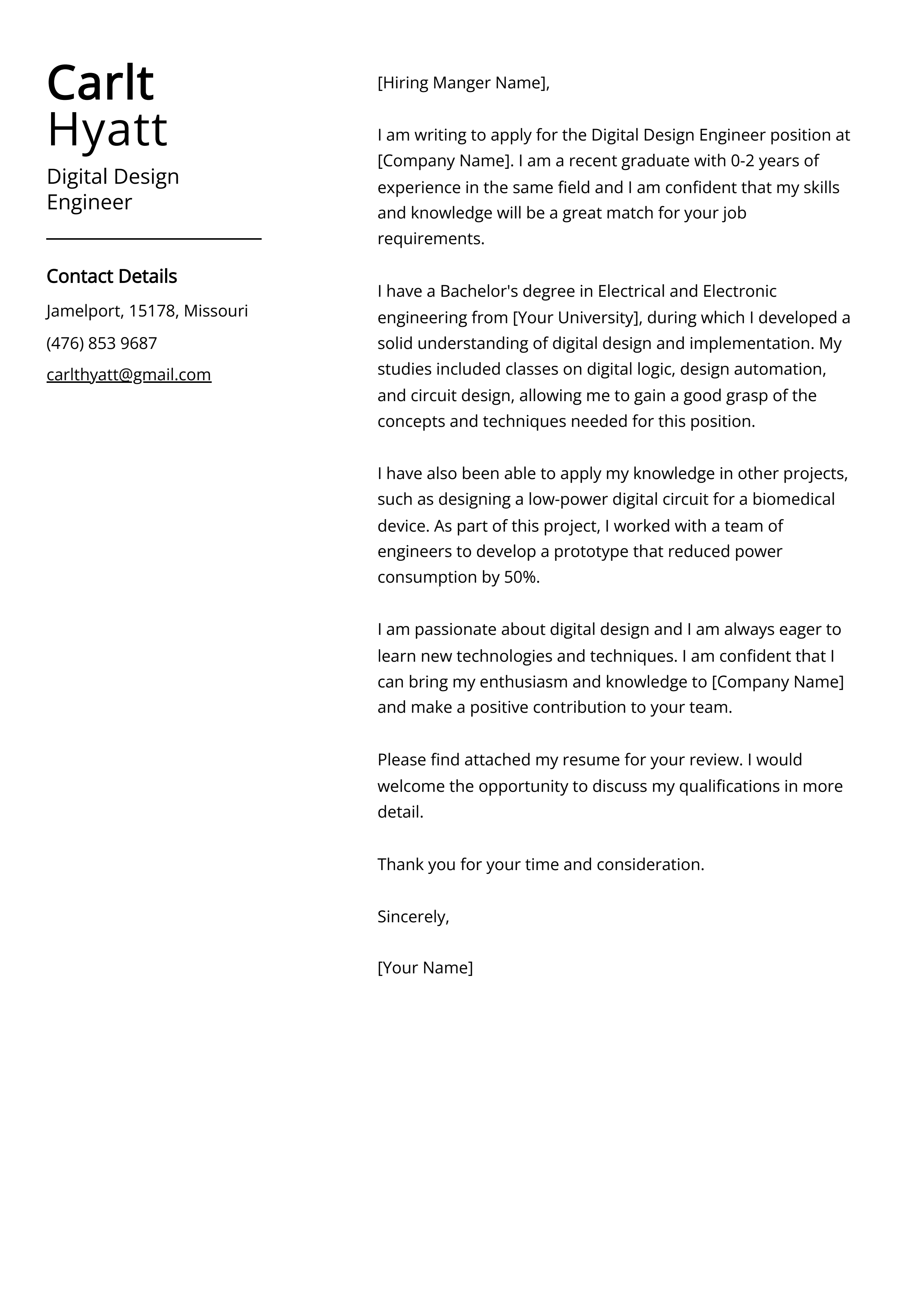 Digital Design Engineer Cover Letter Example