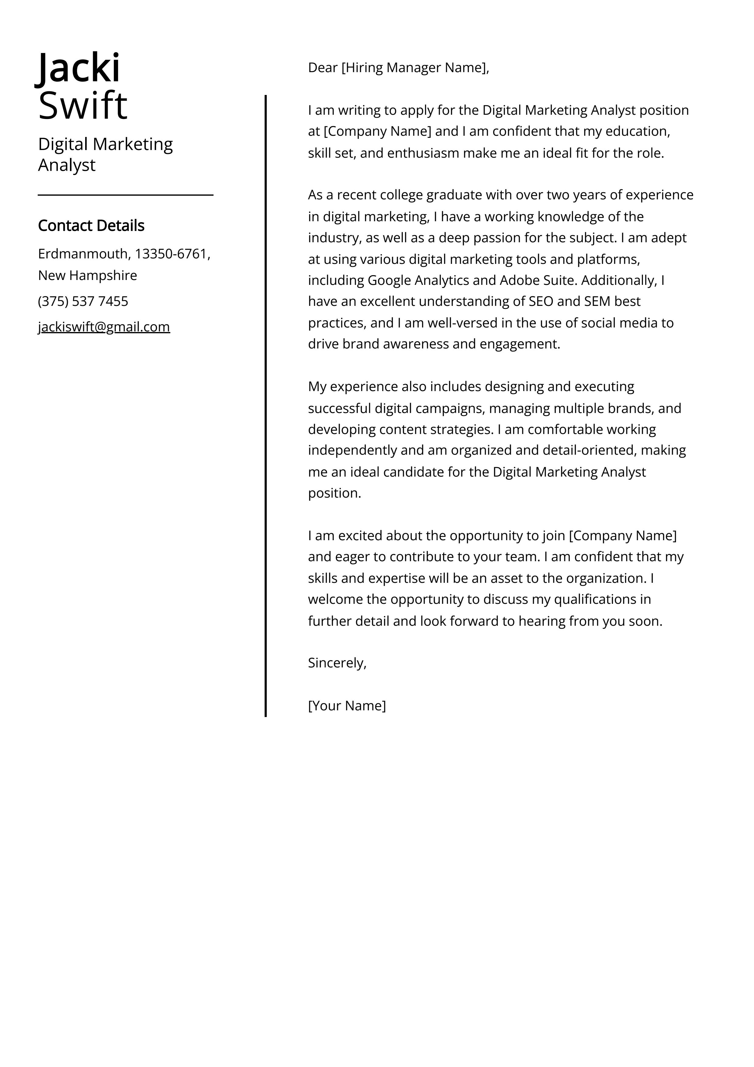 Digital Marketing Analyst Cover Letter Example