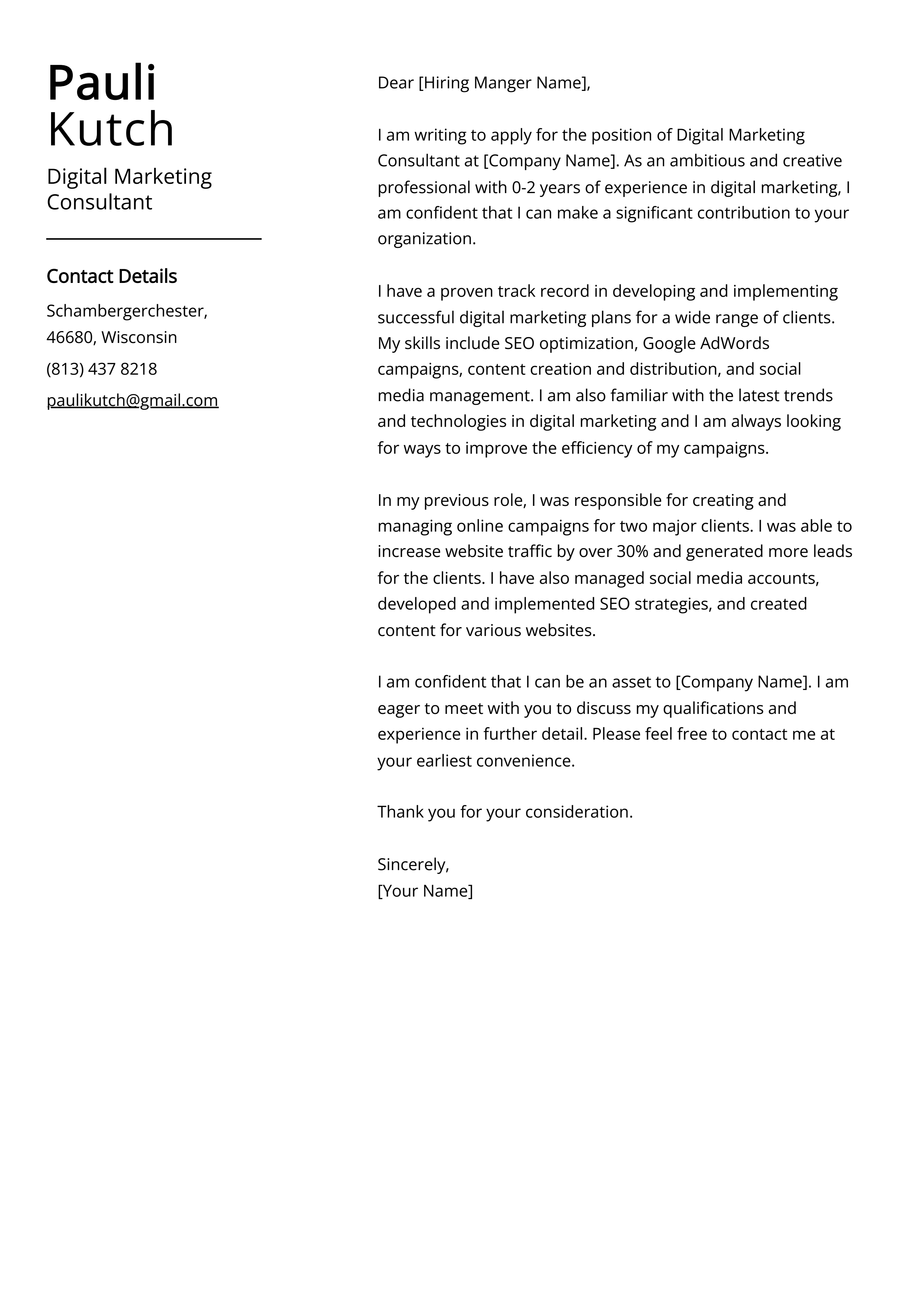 Digital Marketing Consultant Cover Letter Example