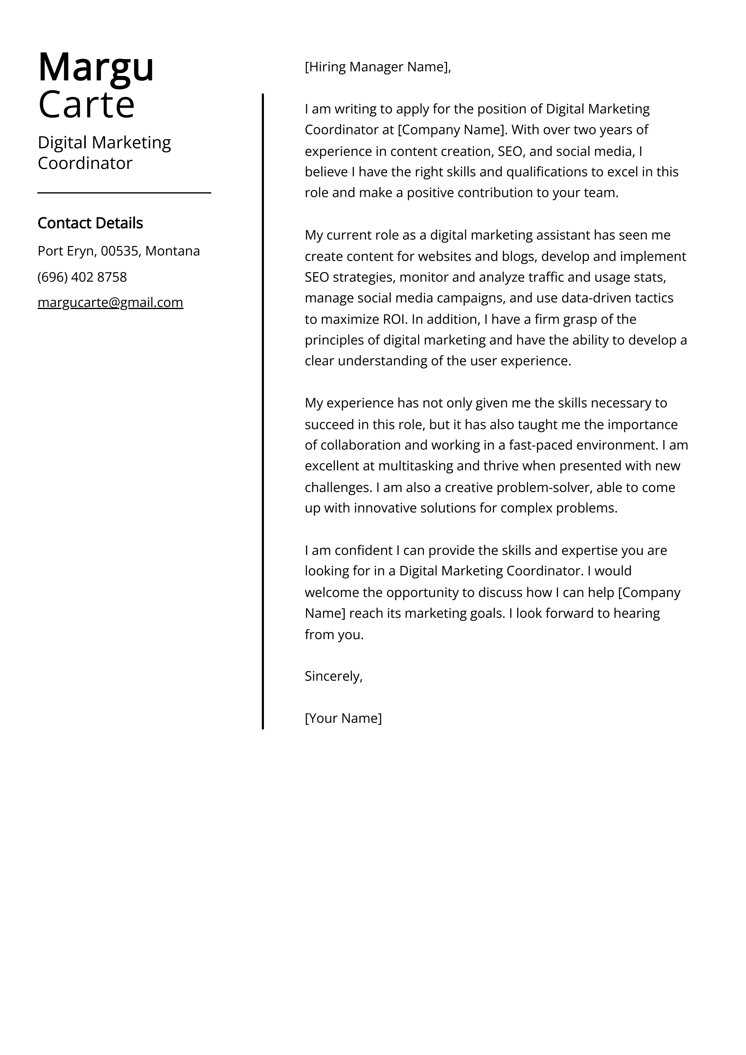 Digital Marketing Coordinator Cover Letter Example