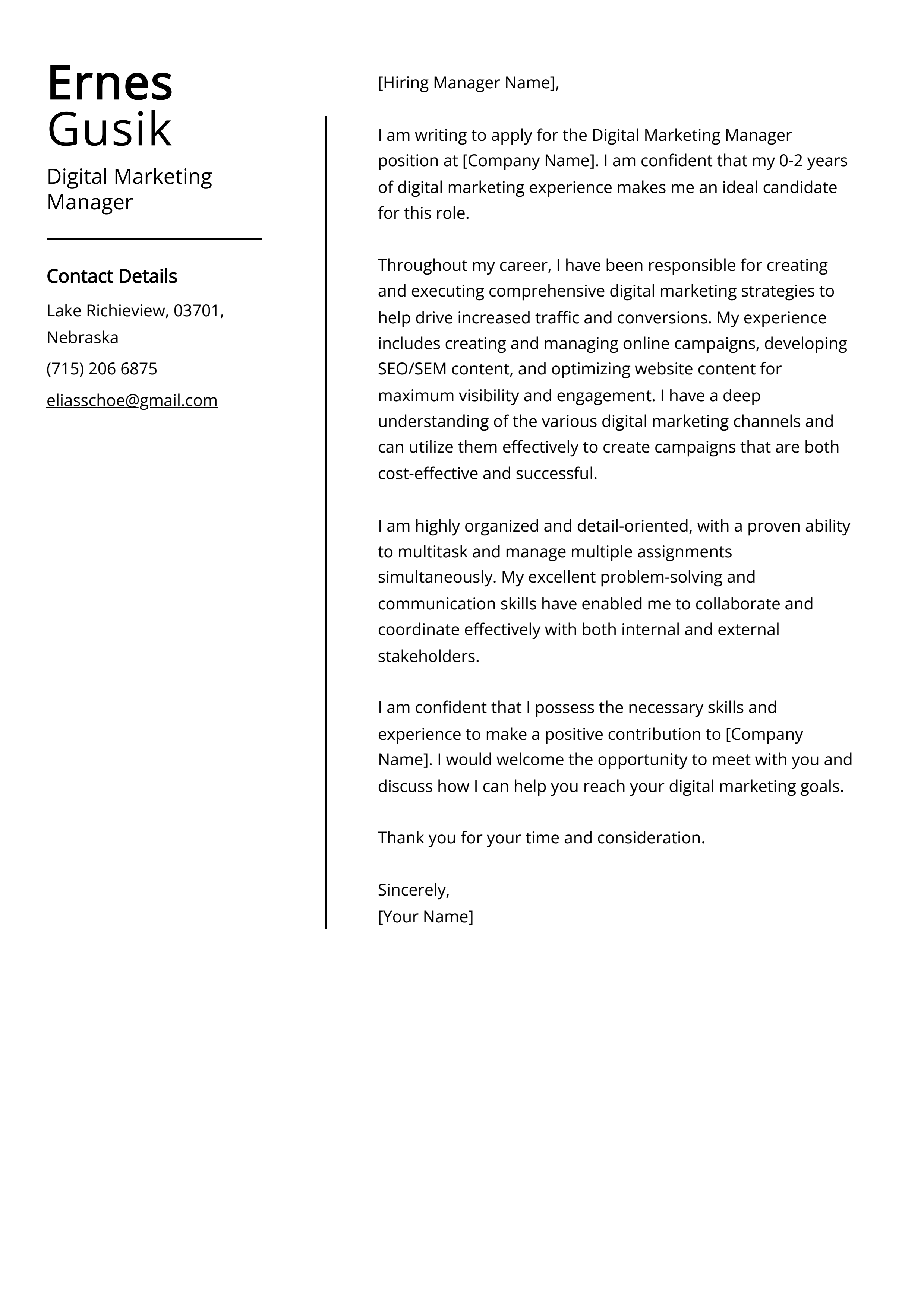 Digital Marketing Manager Cover Letter Example