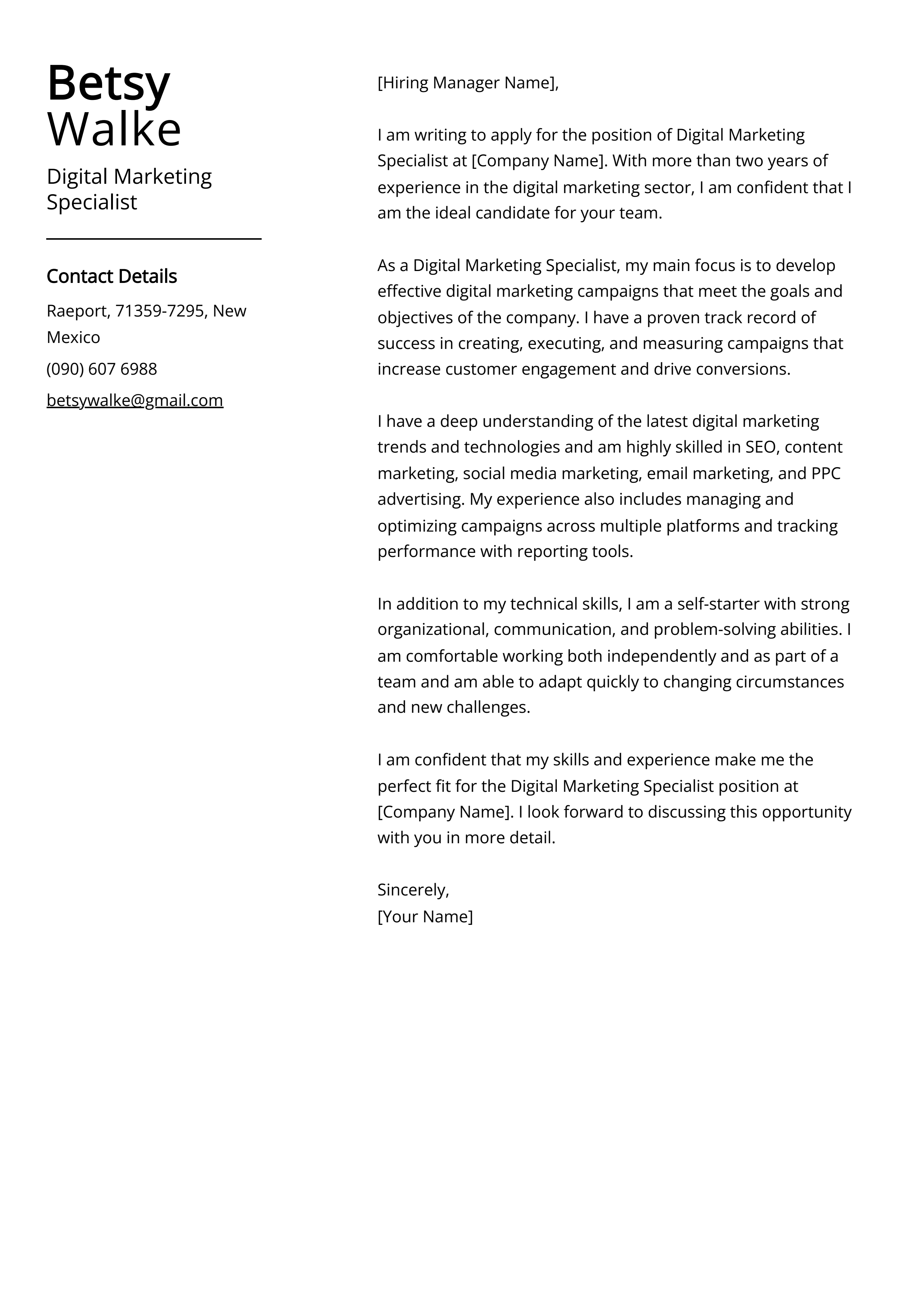 Digital Marketing Specialist Cover Letter Example