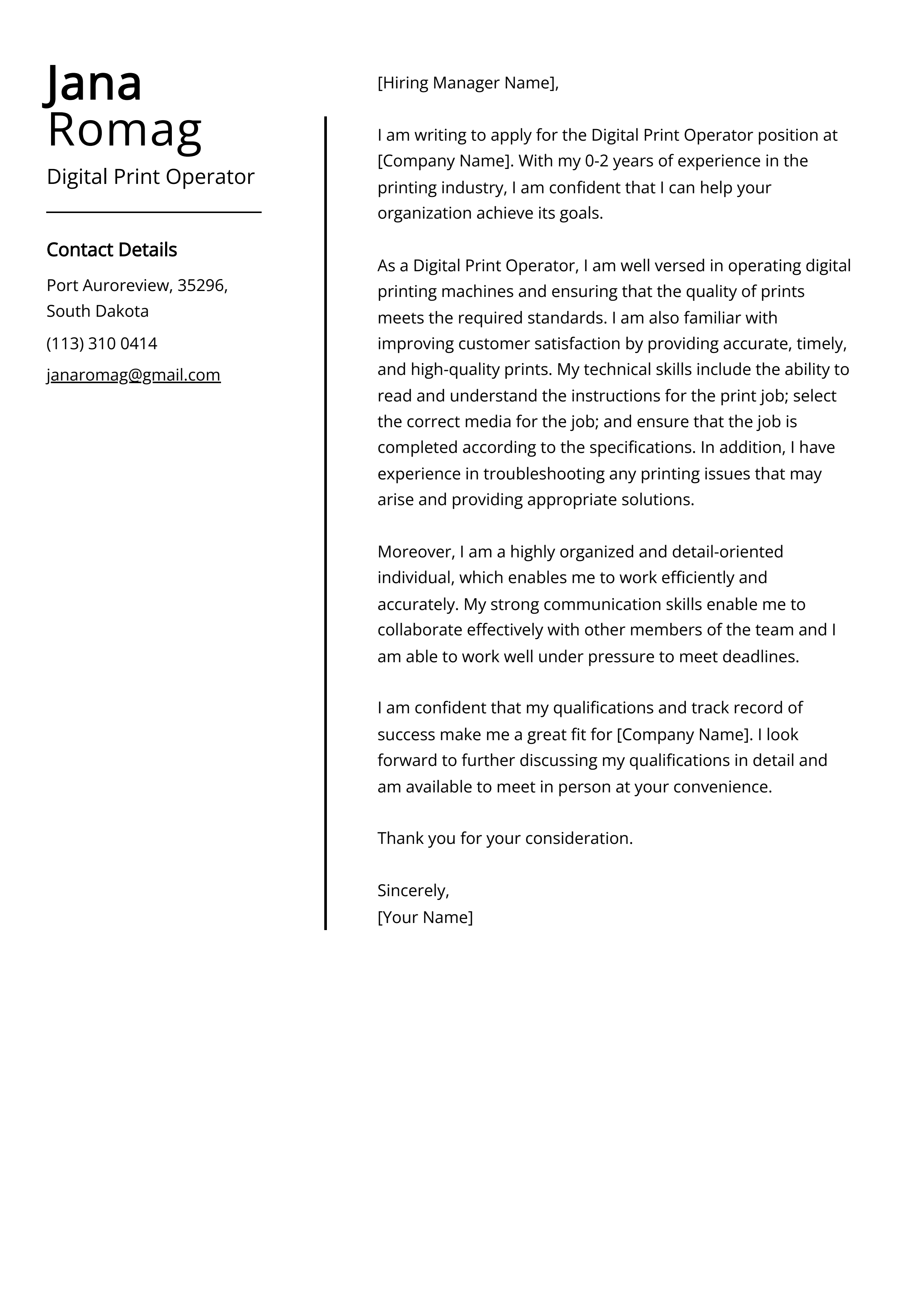 Digital Print Operator Cover Letter Example