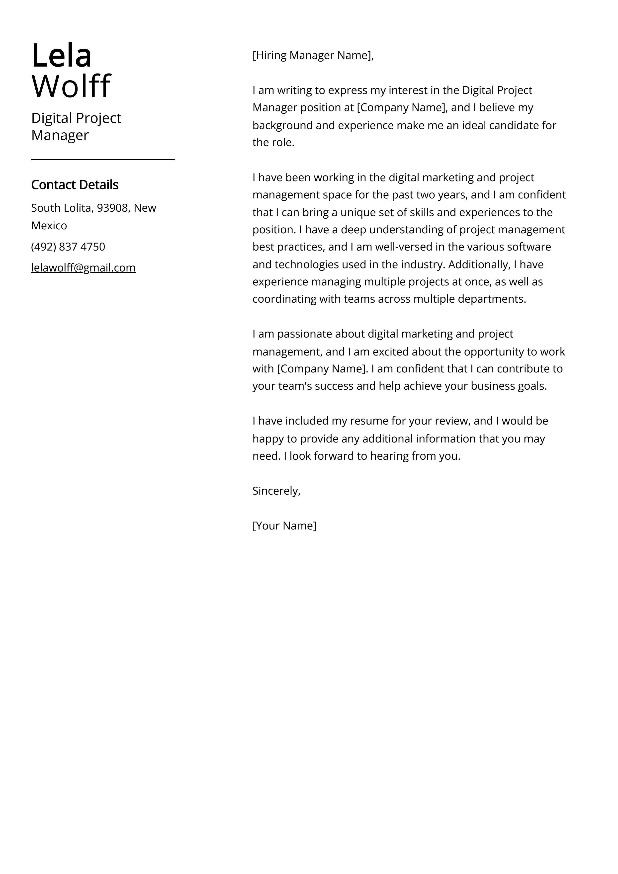 Digital Project Manager Cover Letter Example