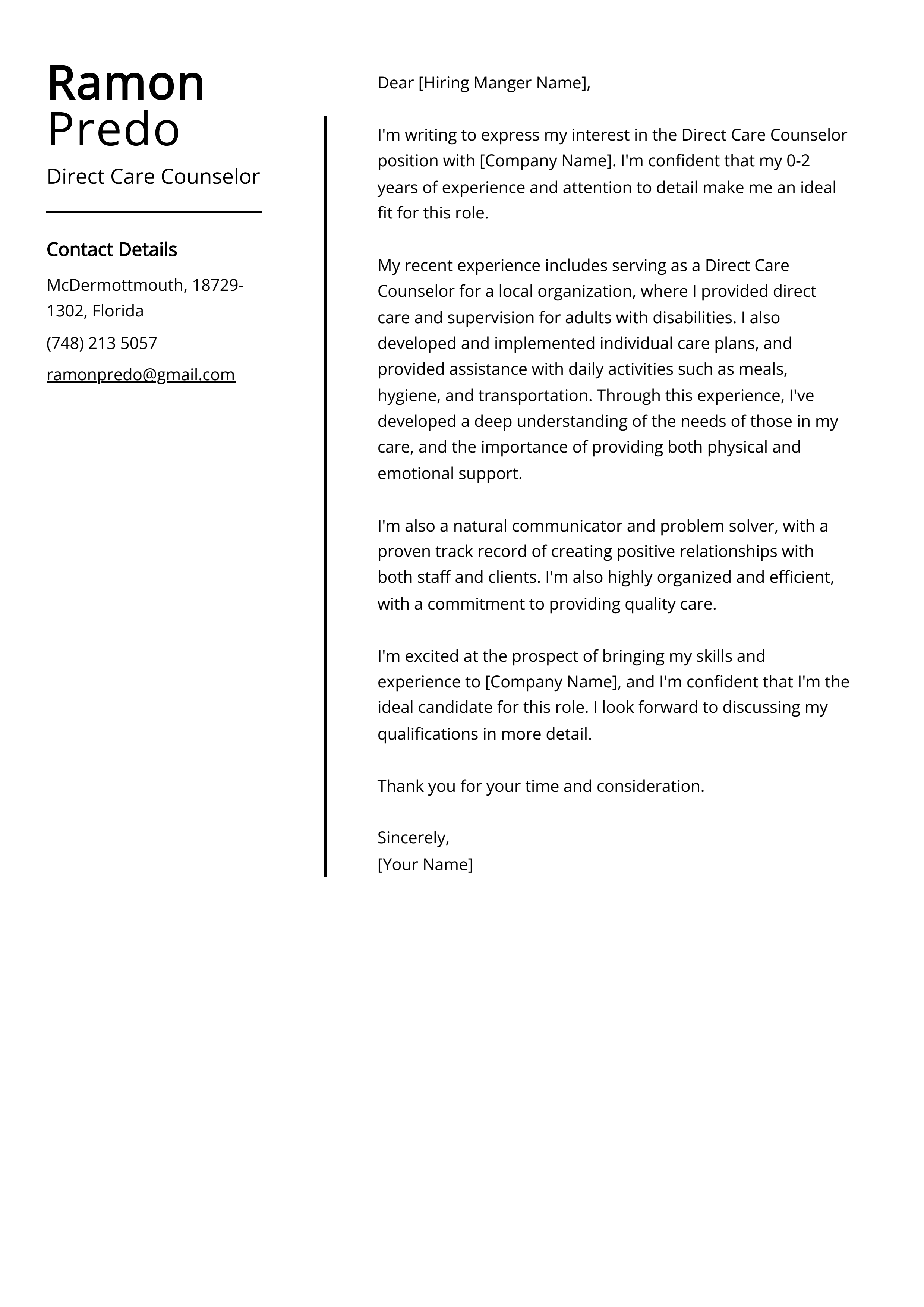 Direct Care Counselor Cover Letter Example