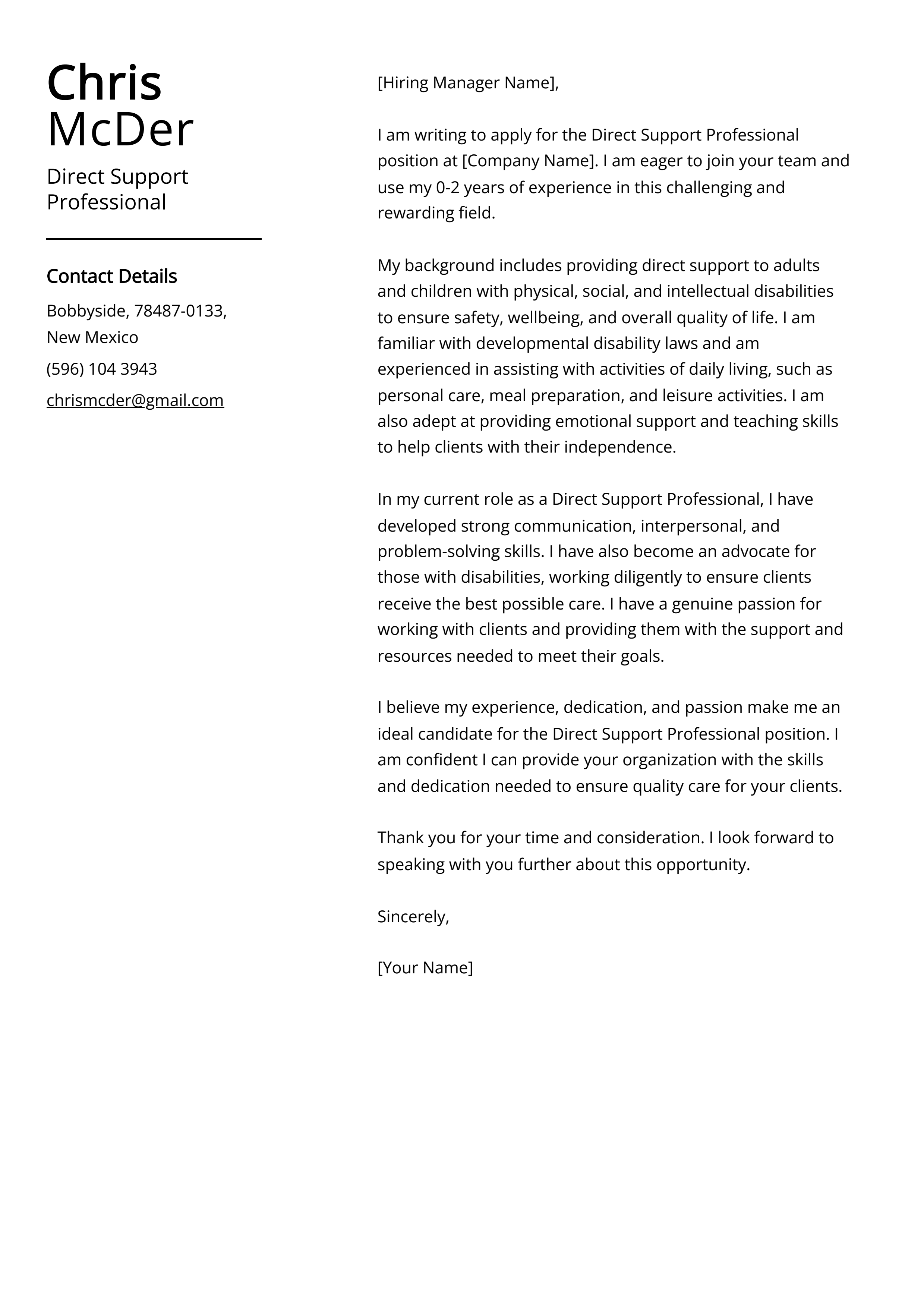 Direct Support Professional Cover Letter Example