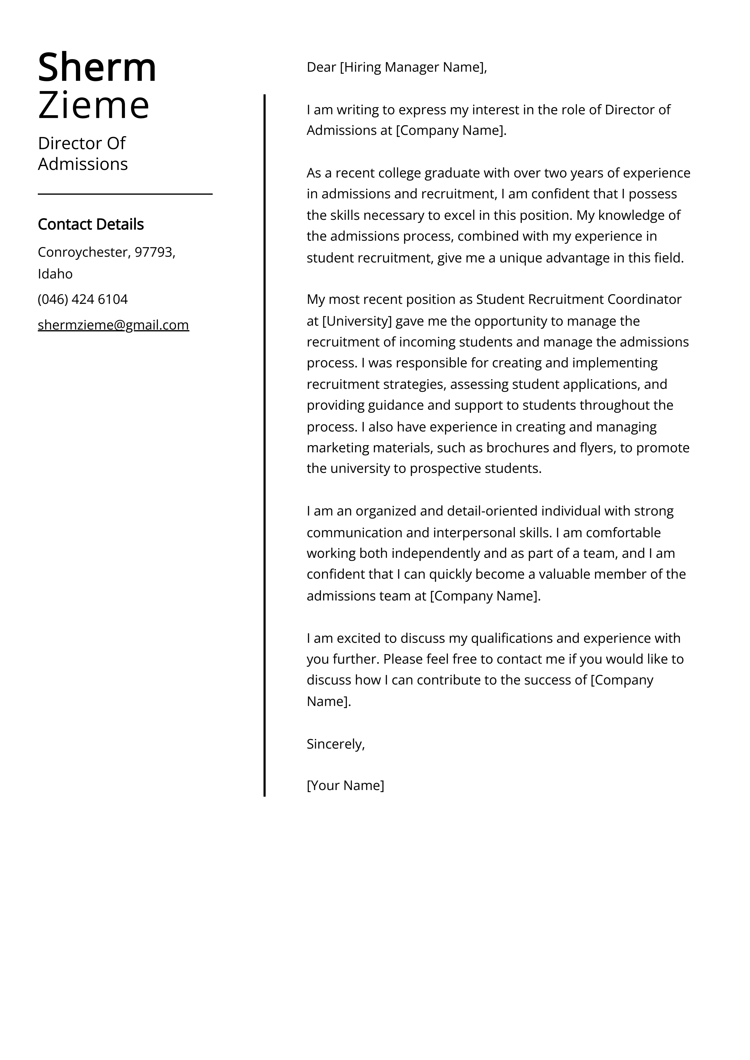 Director Of Admissions Cover Letter Example