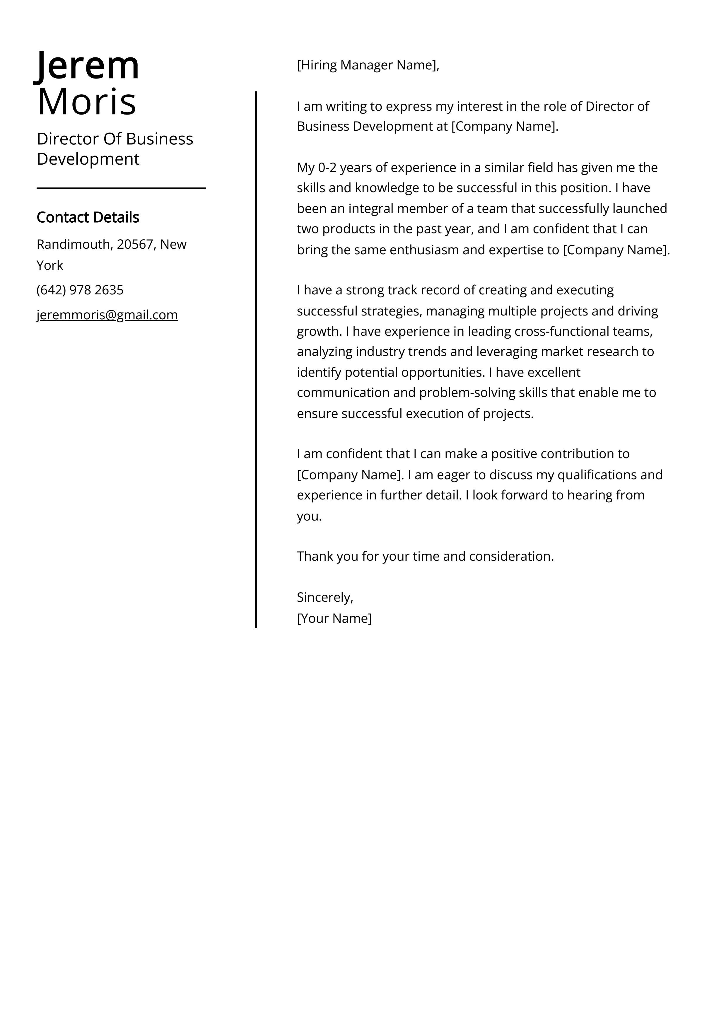 Director Of Business Development Cover Letter Example