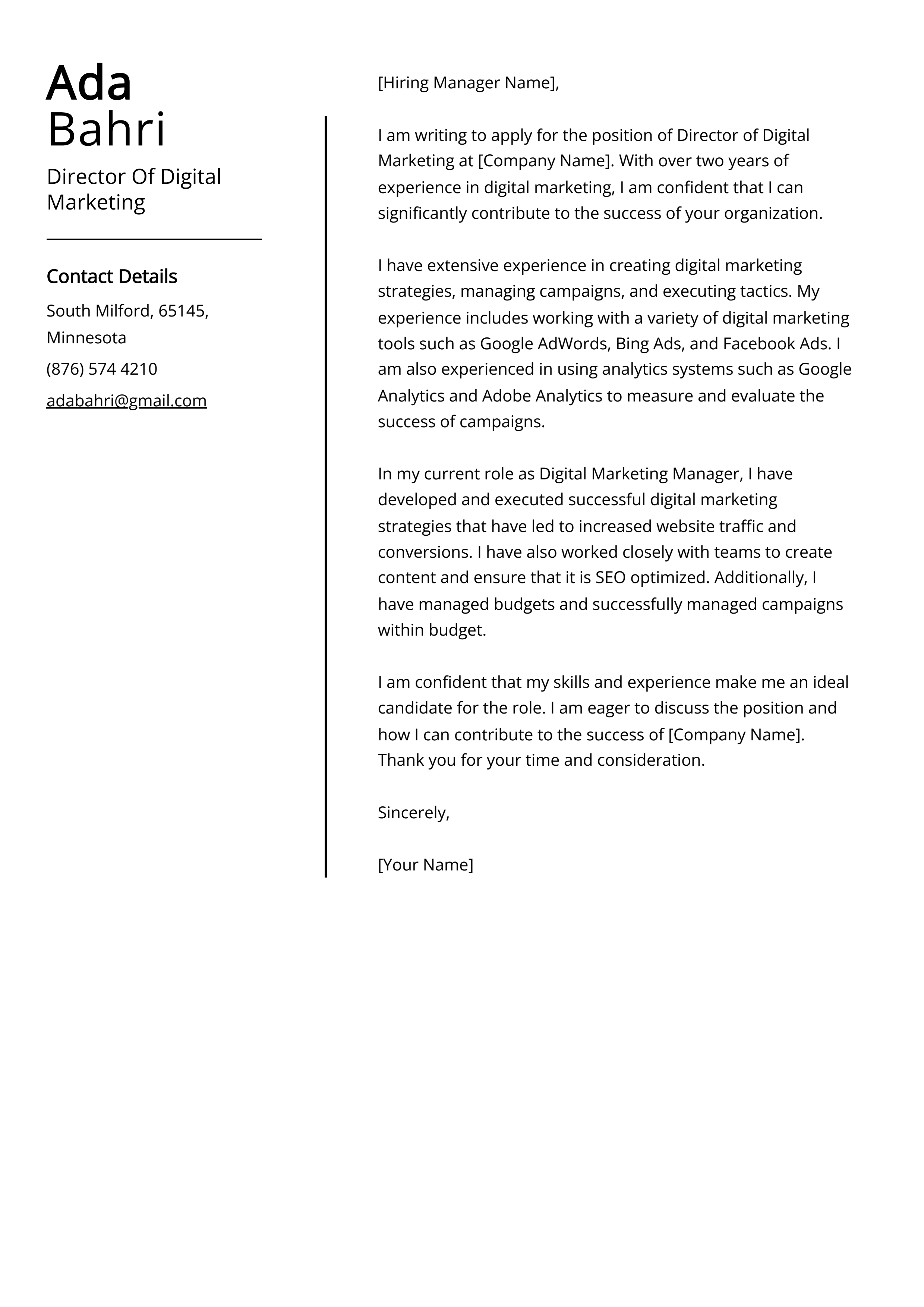 Director Of Digital Marketing Cover Letter Example