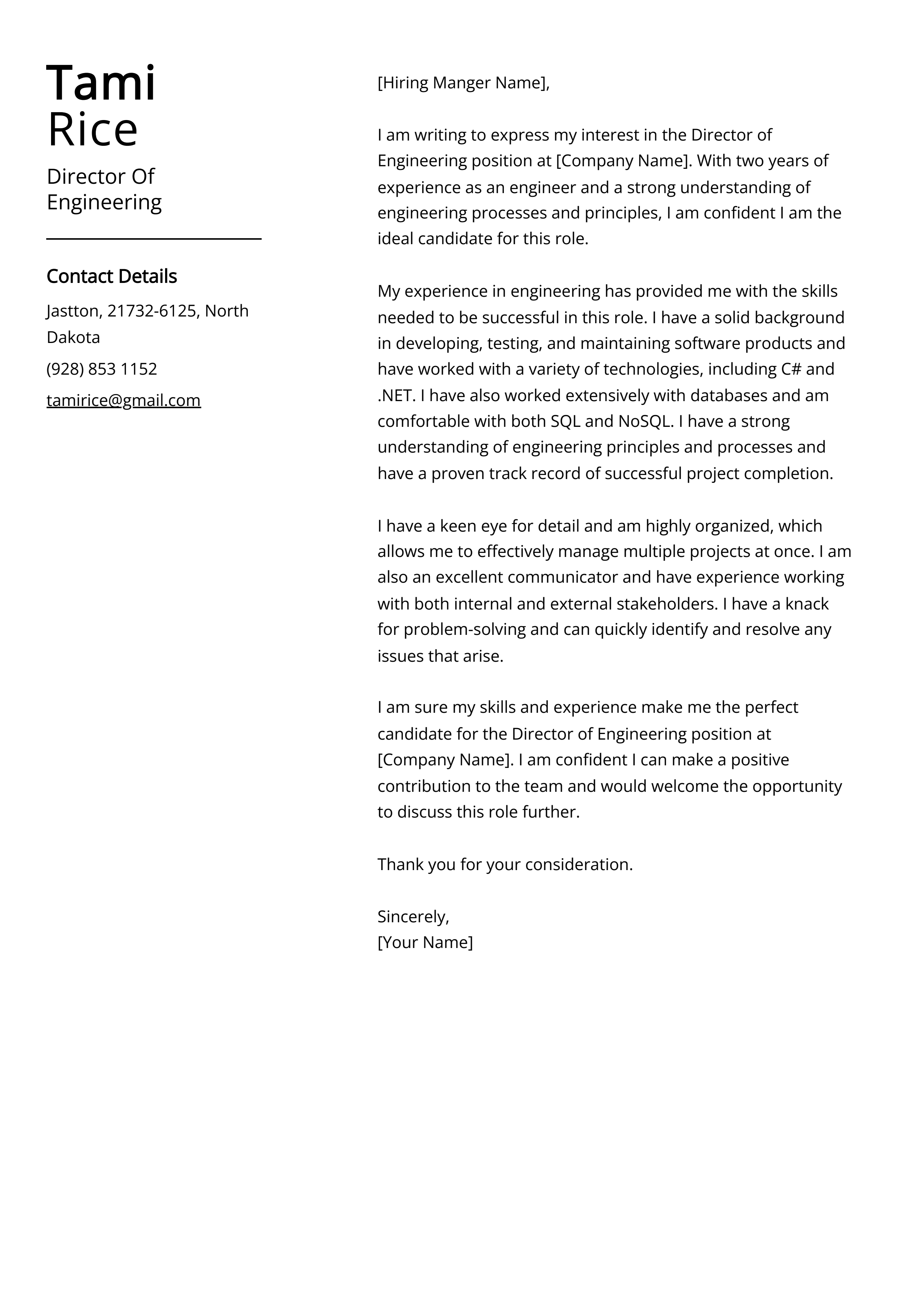 Director Of Engineering Cover Letter Example