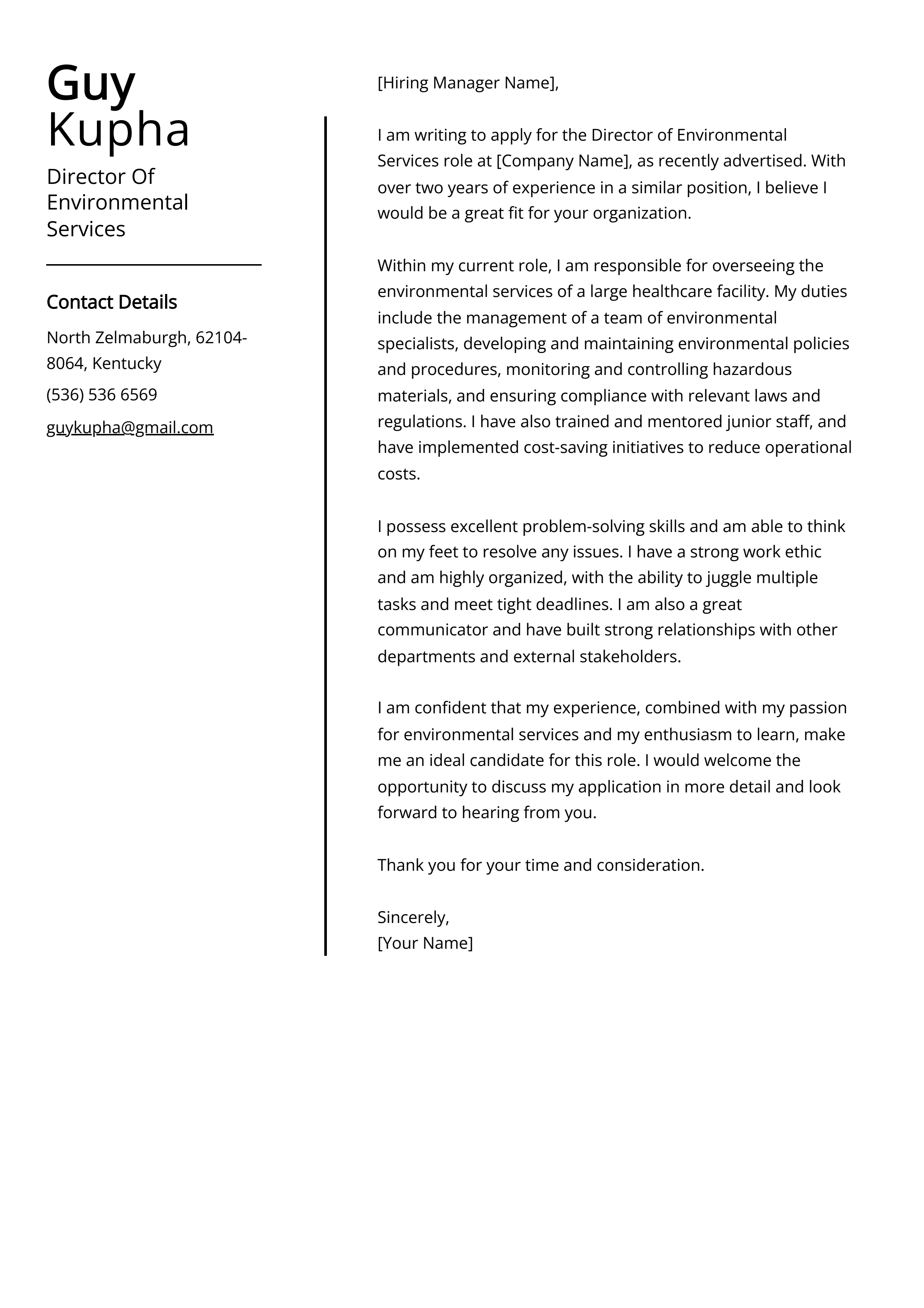 Director Of Environmental Services Cover Letter Example