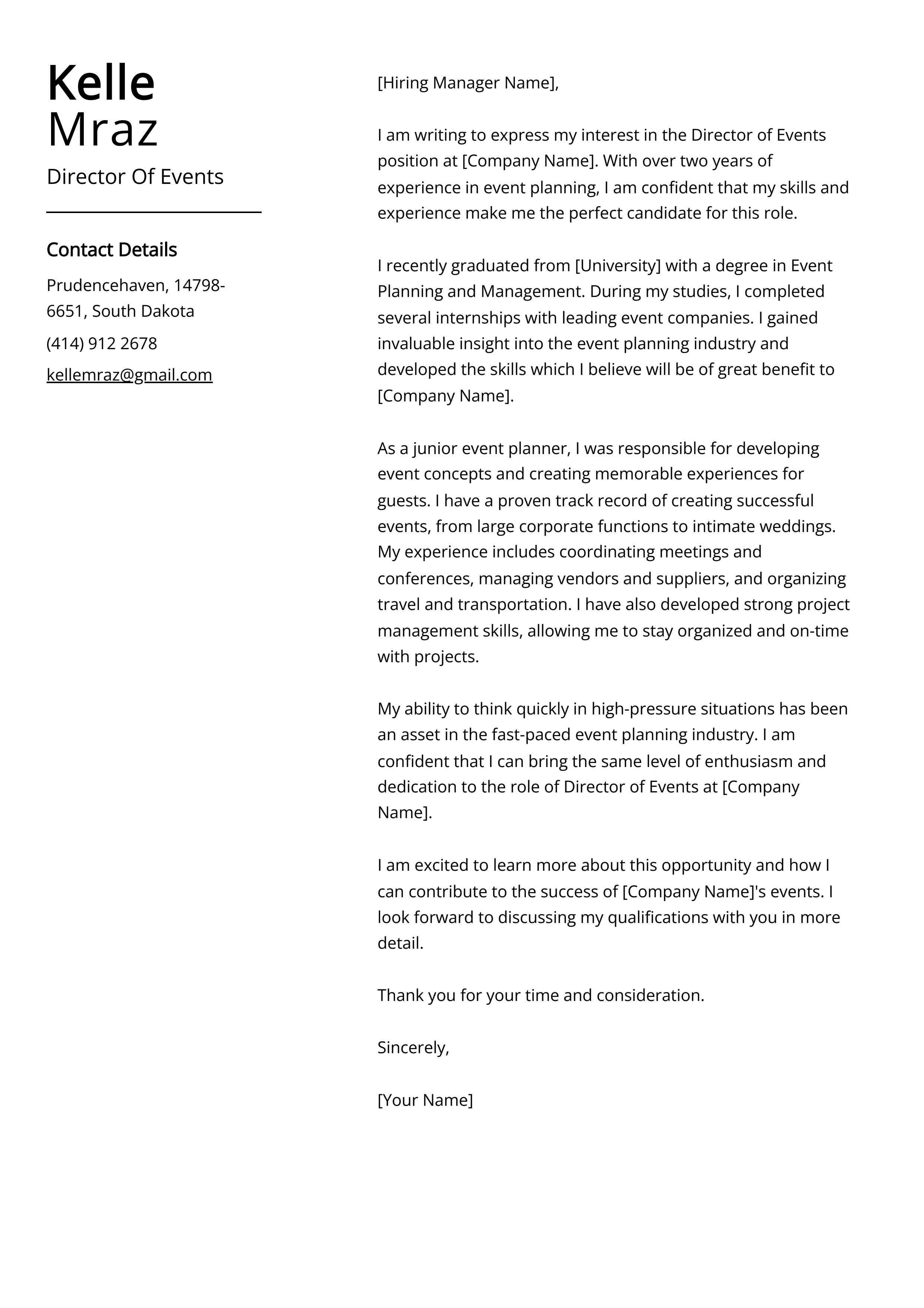 Director Of Events Cover Letter Example