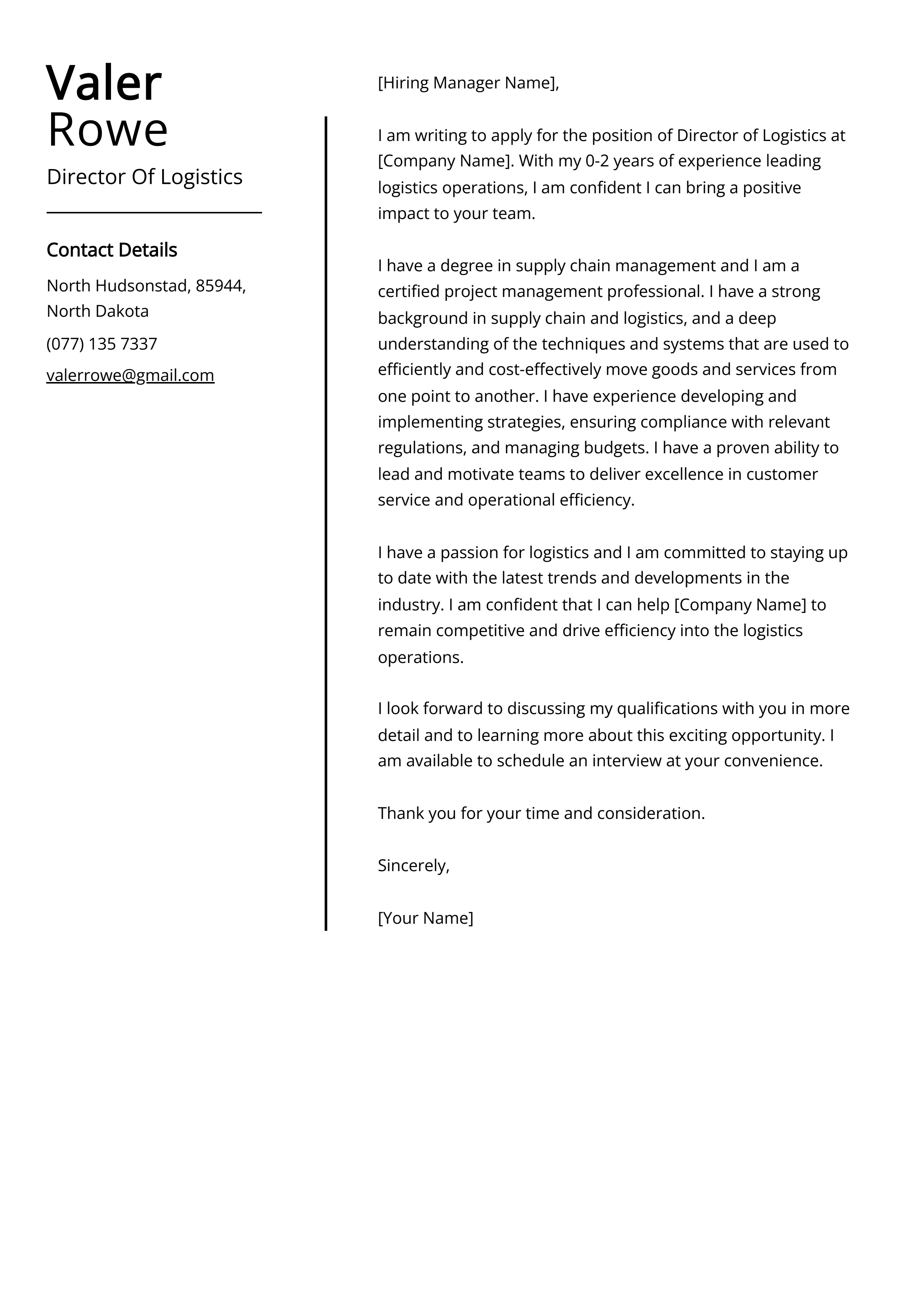 Director Of Logistics Cover Letter Example