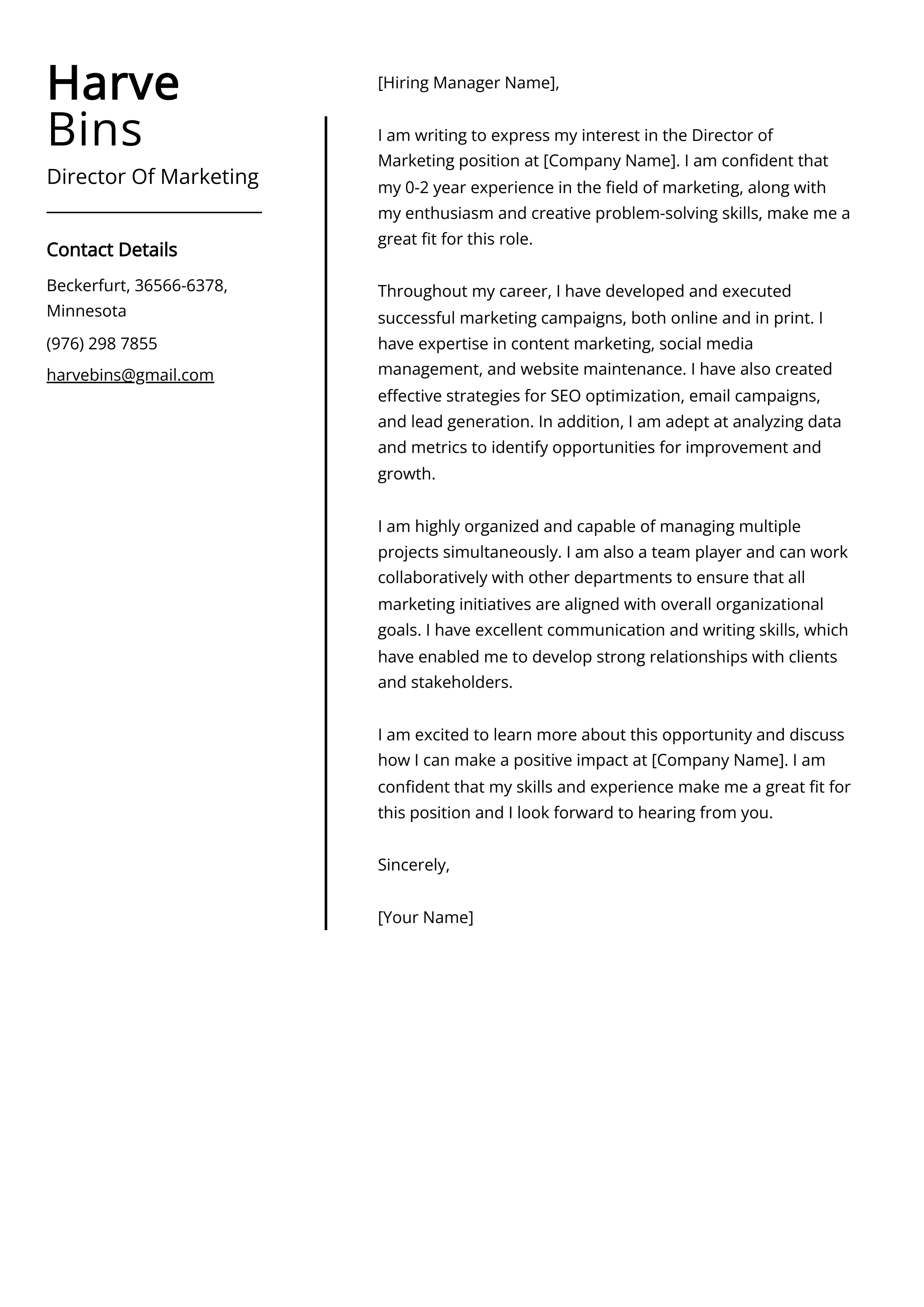 Director Of Marketing Cover Letter Example