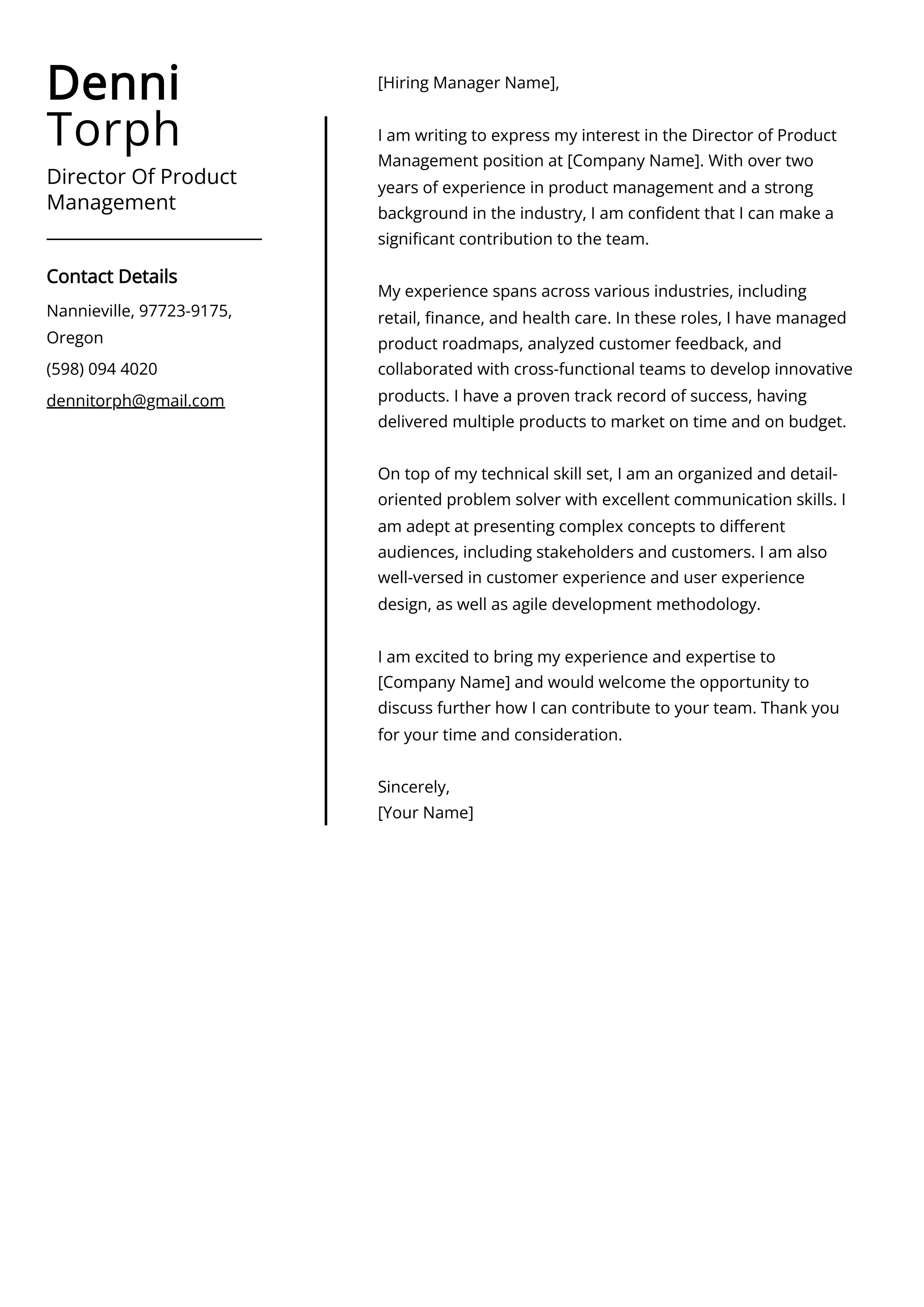 Director Of Product Management Cover Letter Example
