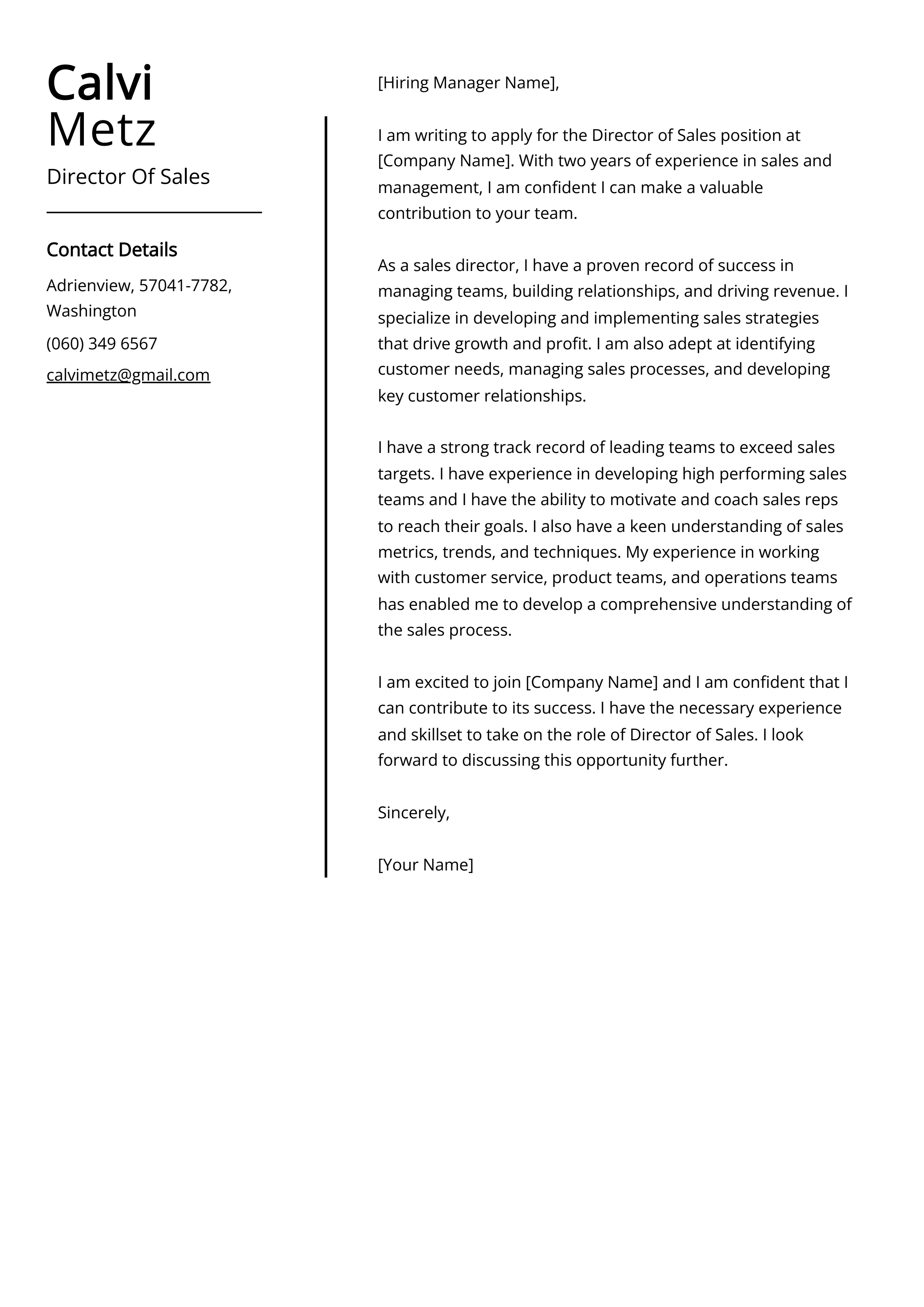 Director Of Sales Cover Letter Example