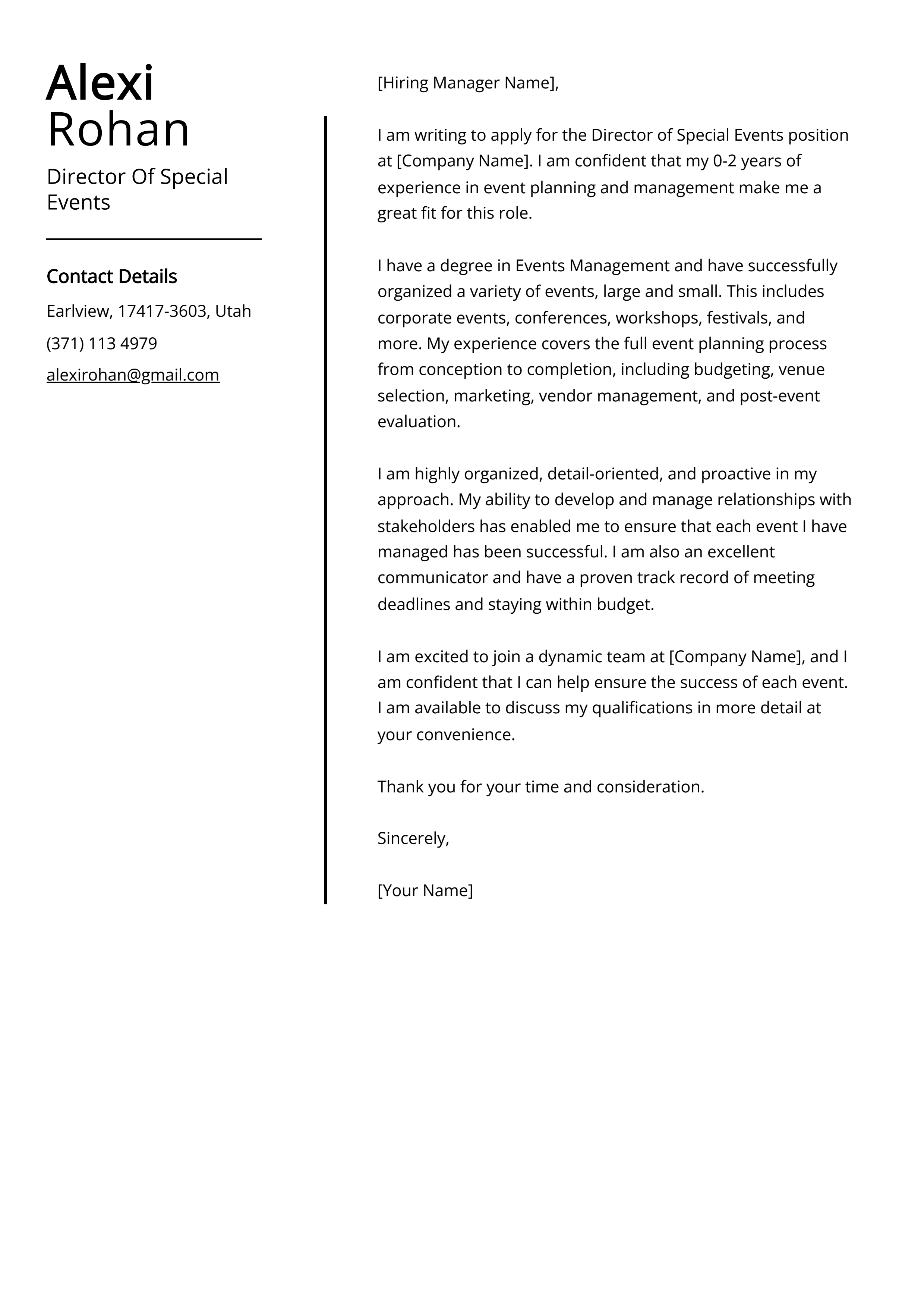 Director Of Special Events Cover Letter Example