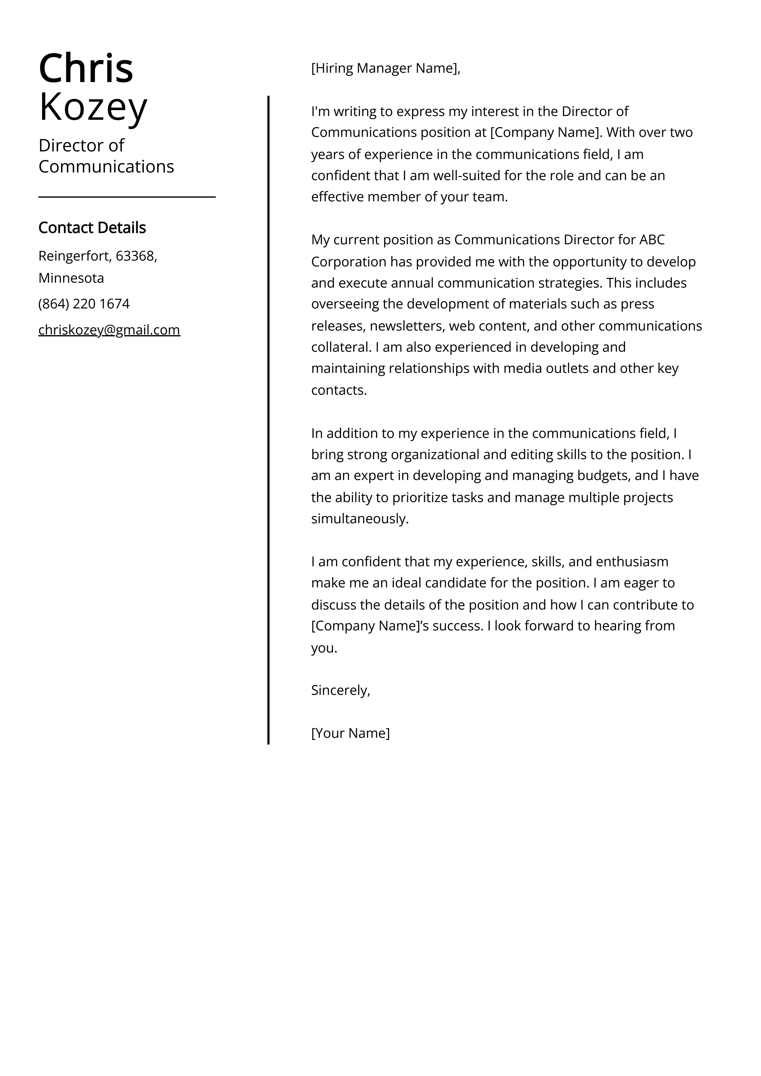 Director of Communications Cover Letter Example