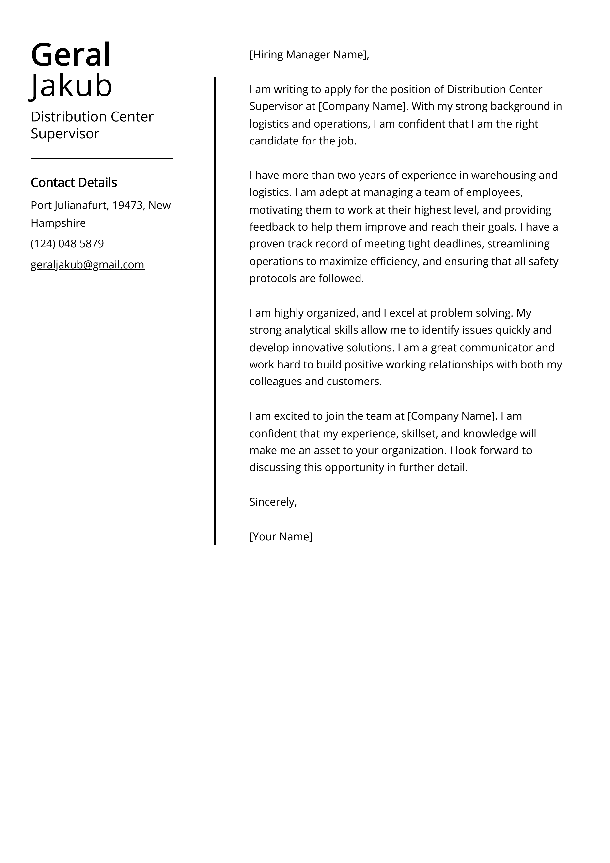 Distribution Center Supervisor Cover Letter Example