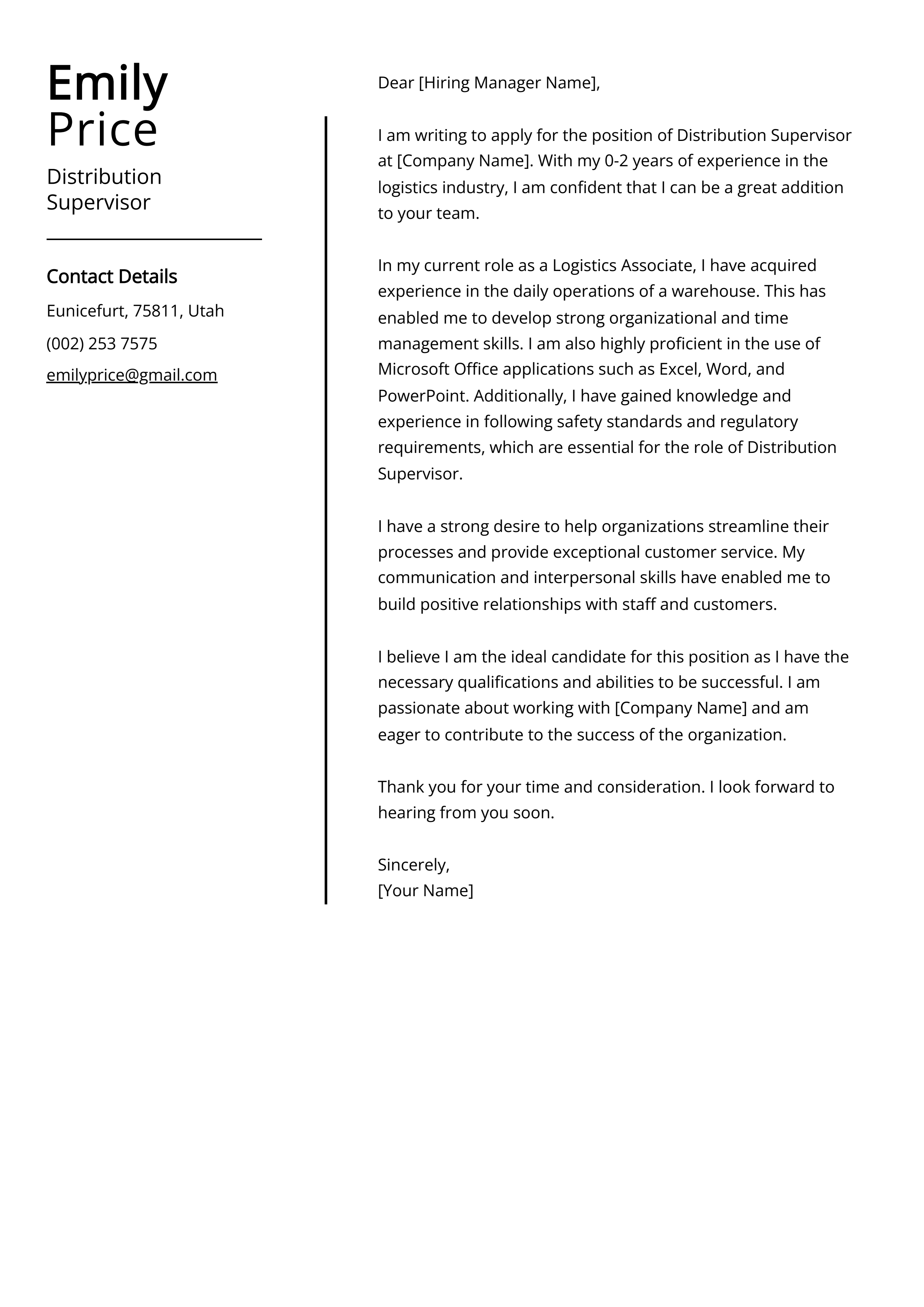 Distribution Supervisor Cover Letter Example