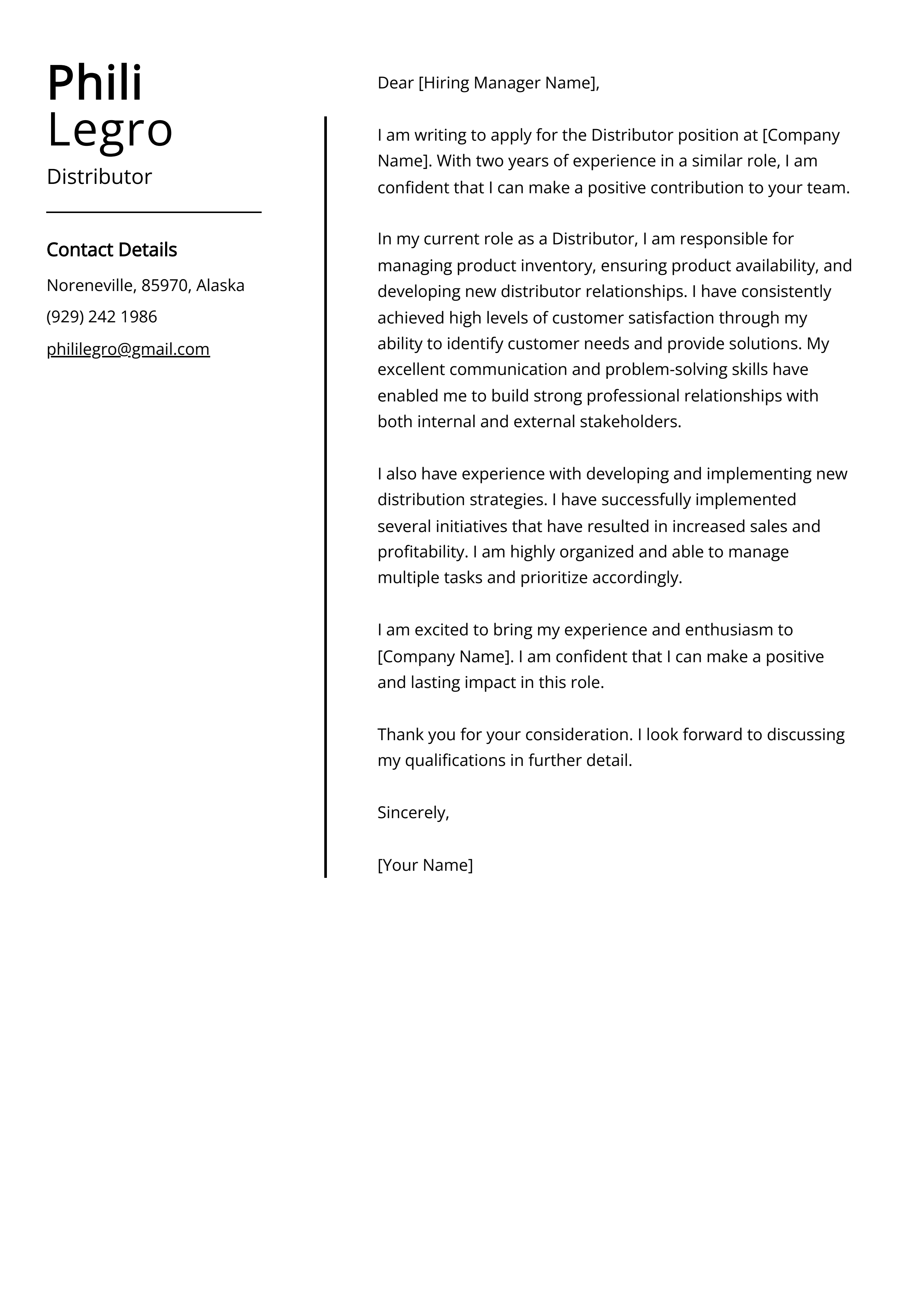 Distributor Cover Letter Example
