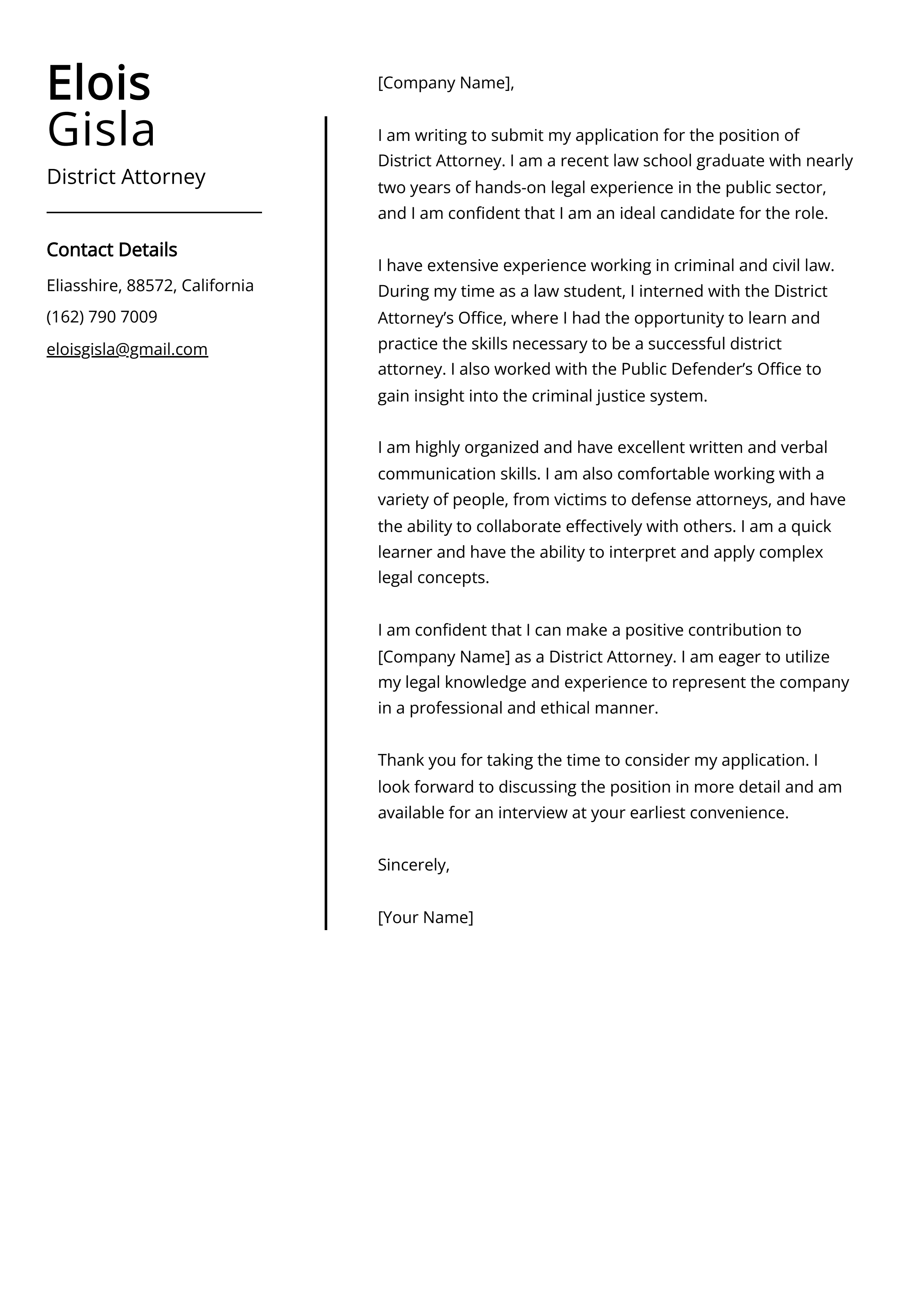 District Attorney Cover Letter Example