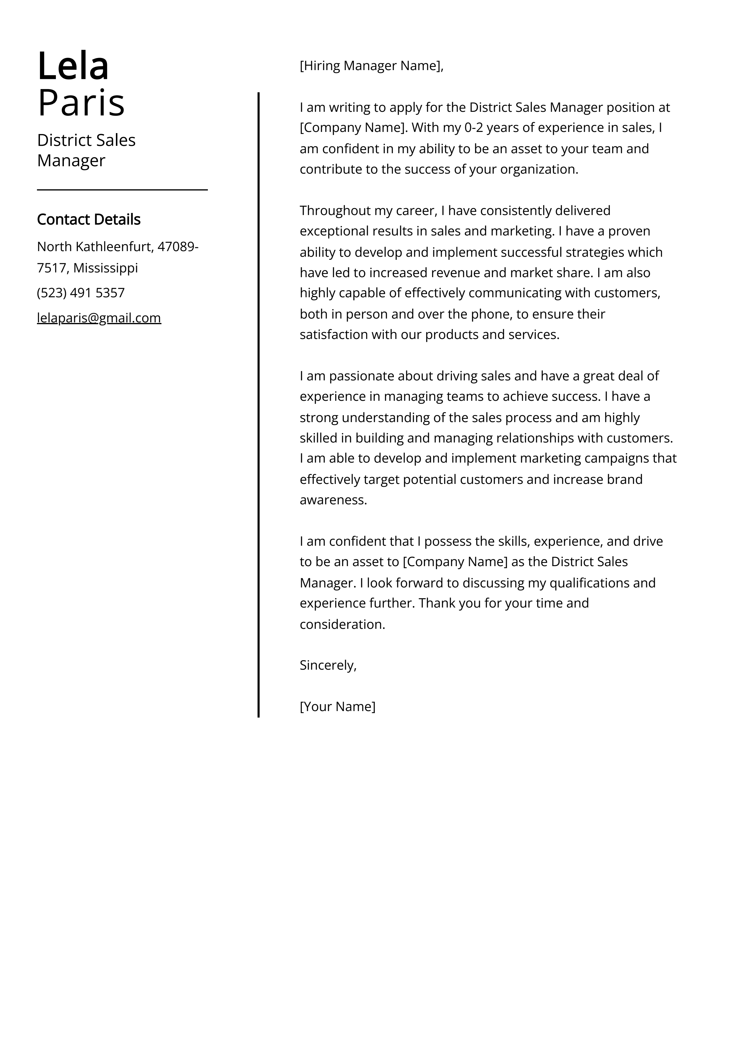 District Sales Manager Cover Letter Example