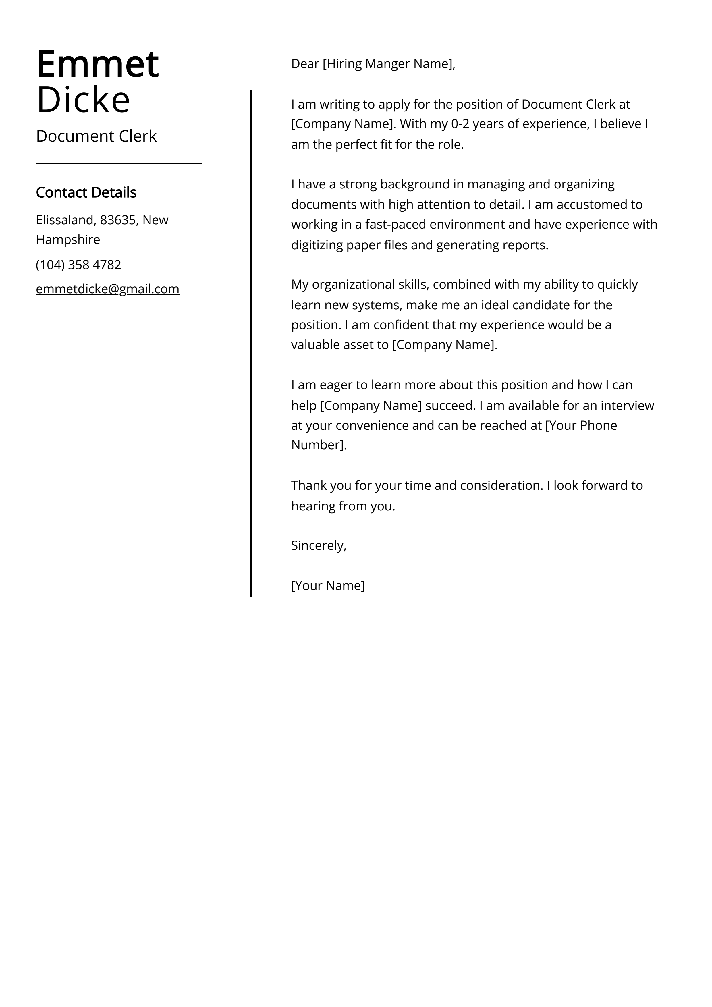 Document Clerk Cover Letter Example