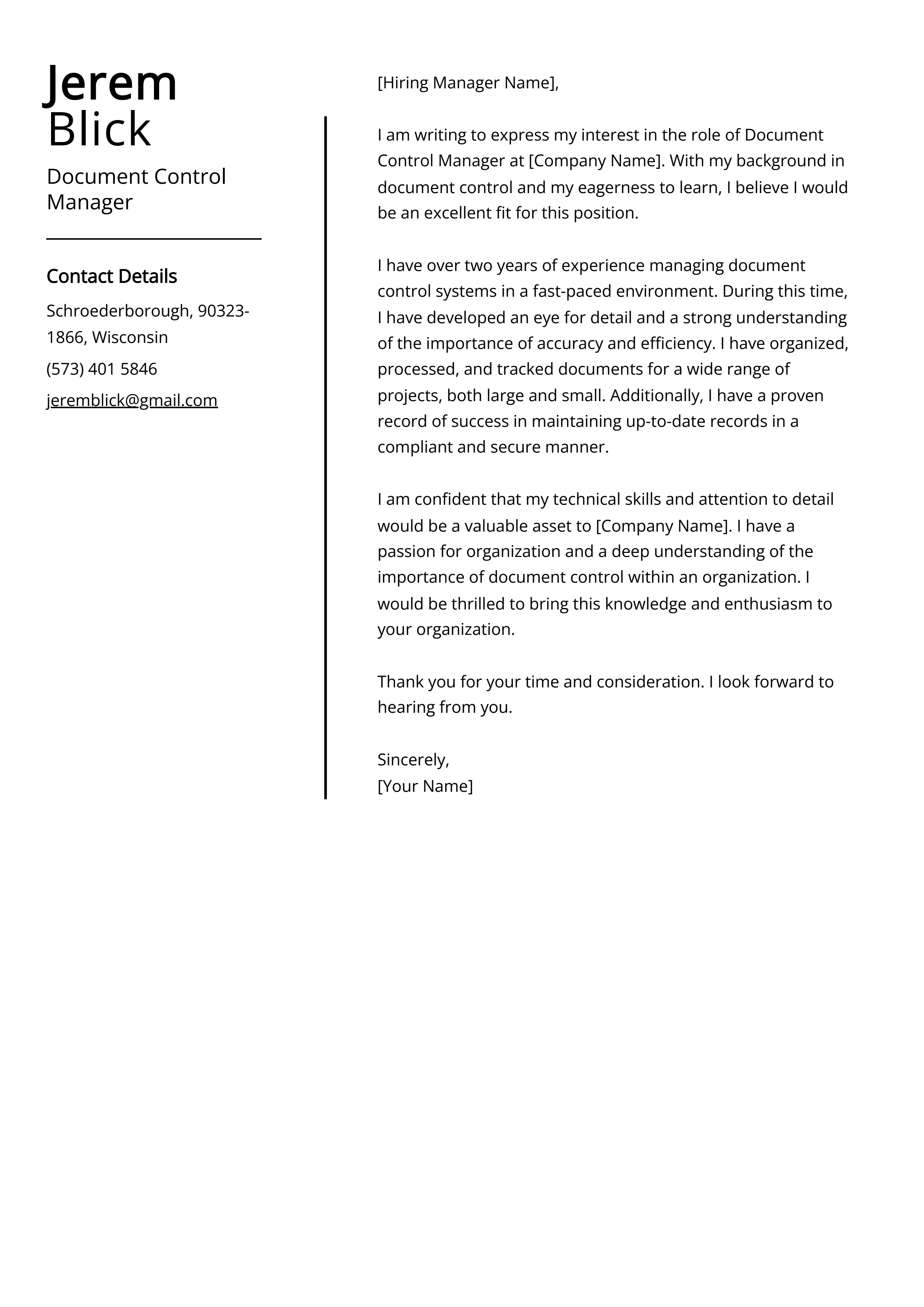 Document Control Manager Cover Letter Example