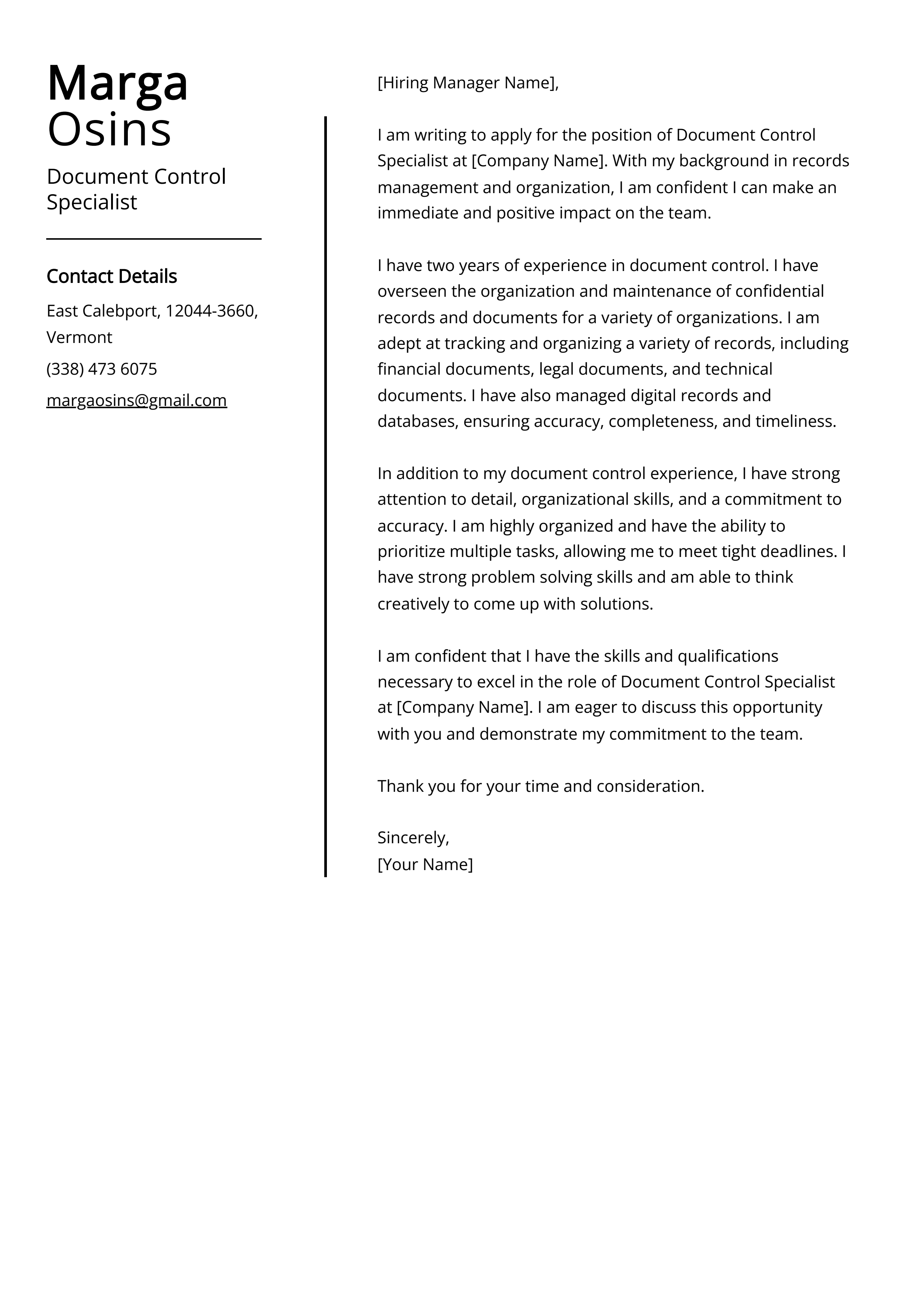 Document Control Specialist Cover Letter Example