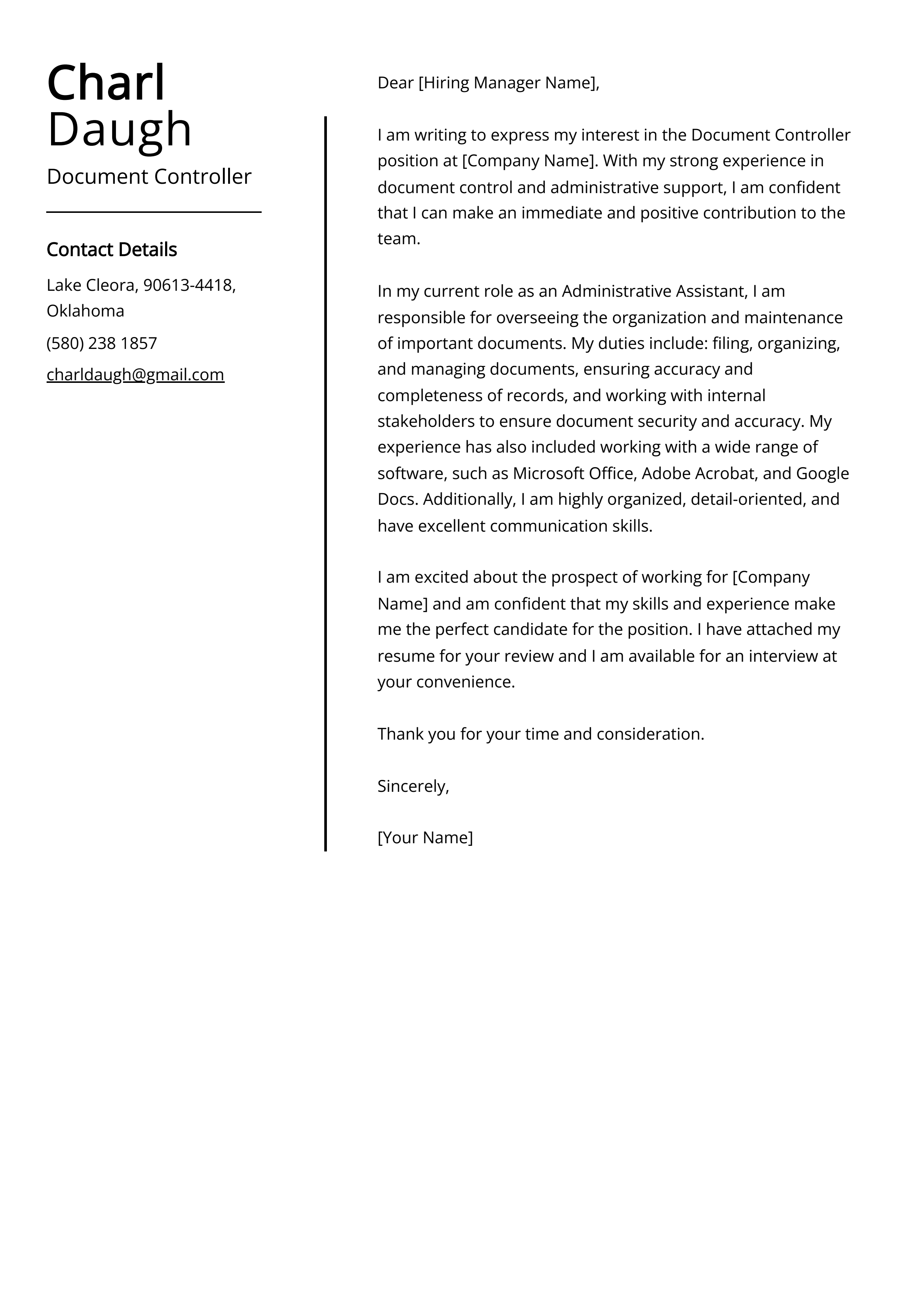Document Controller Cover Letter Example