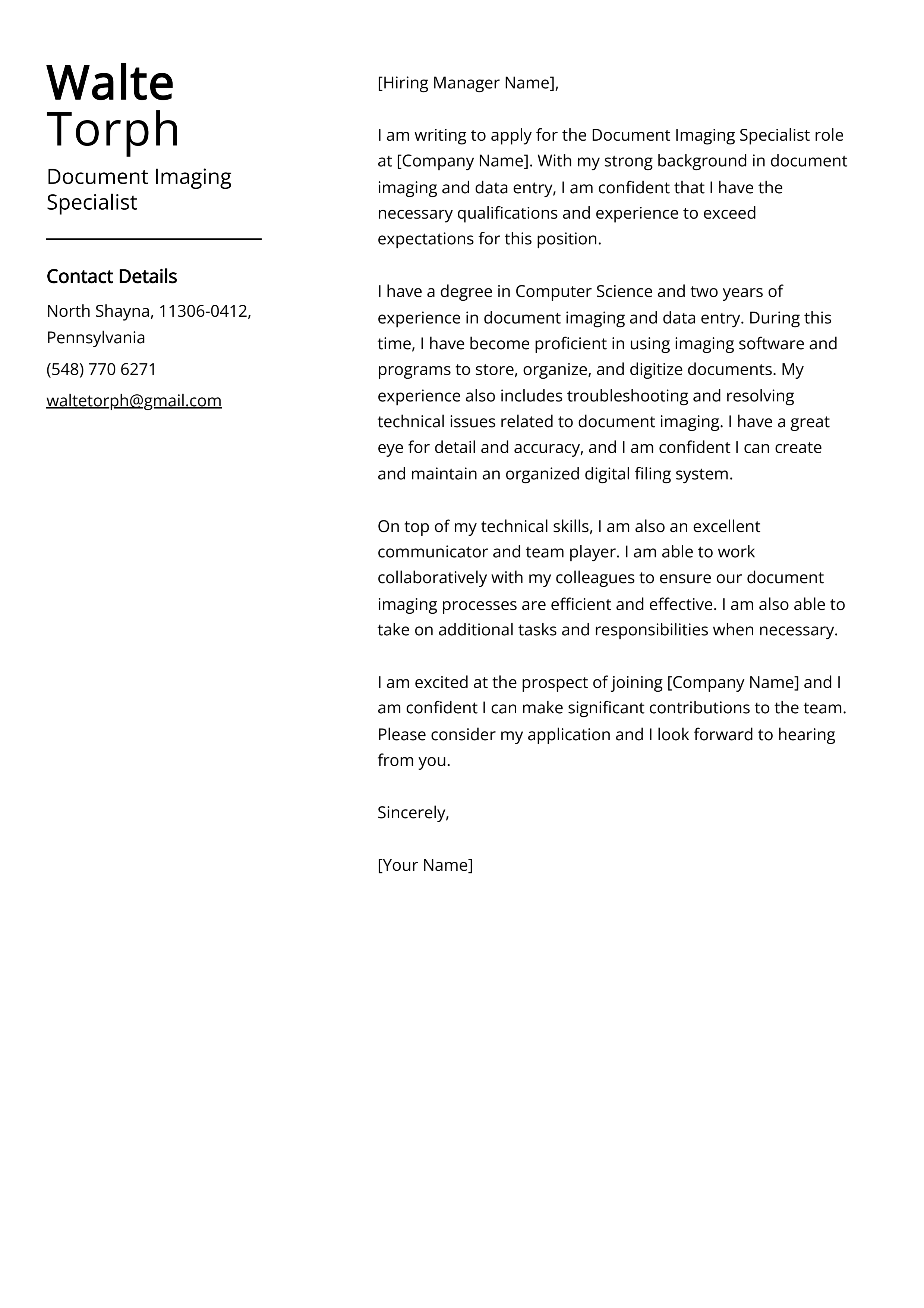 Document Imaging Specialist Cover Letter Example
