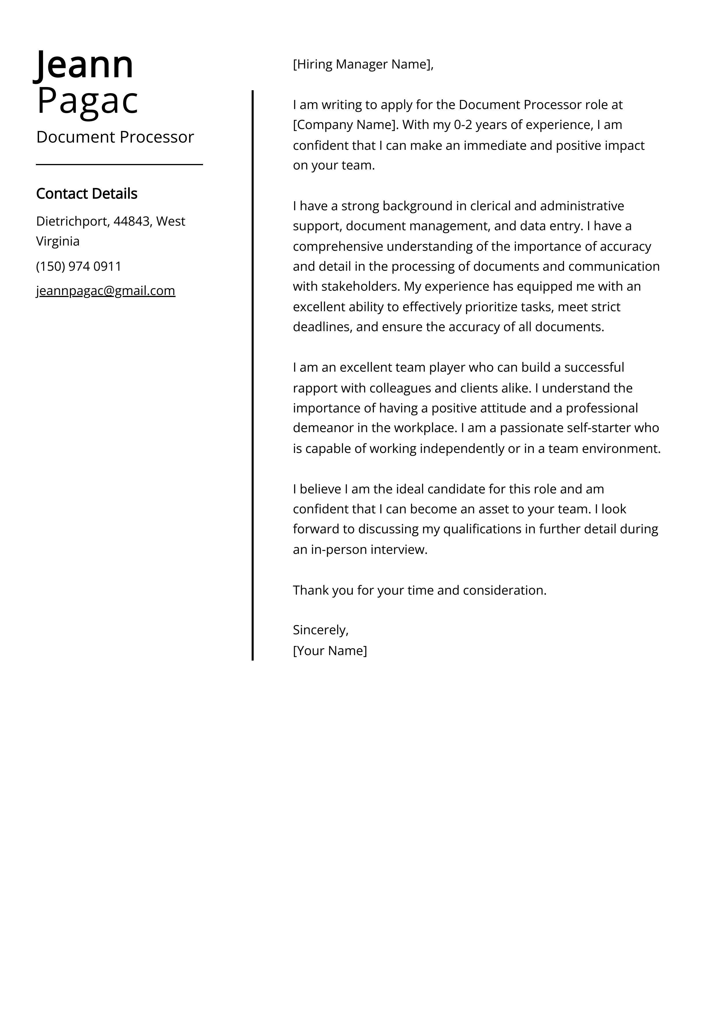 Document Processor Cover Letter Example