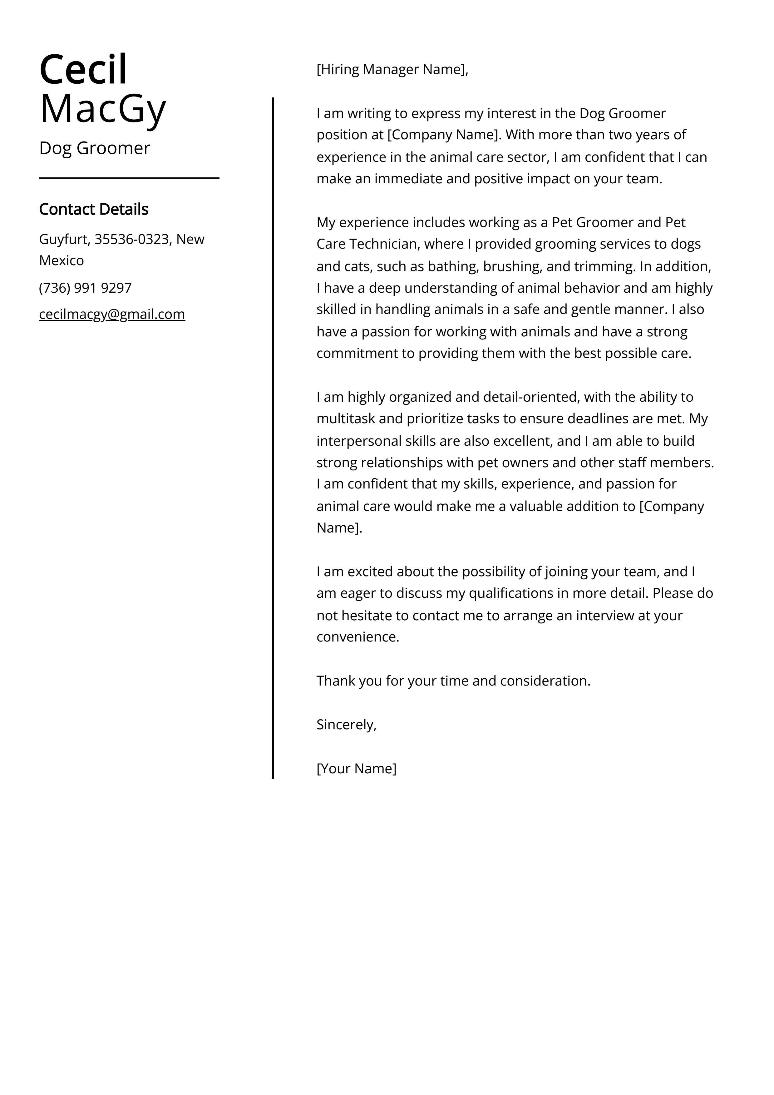 Dog Groomer Cover Letter Example (Free Guide)