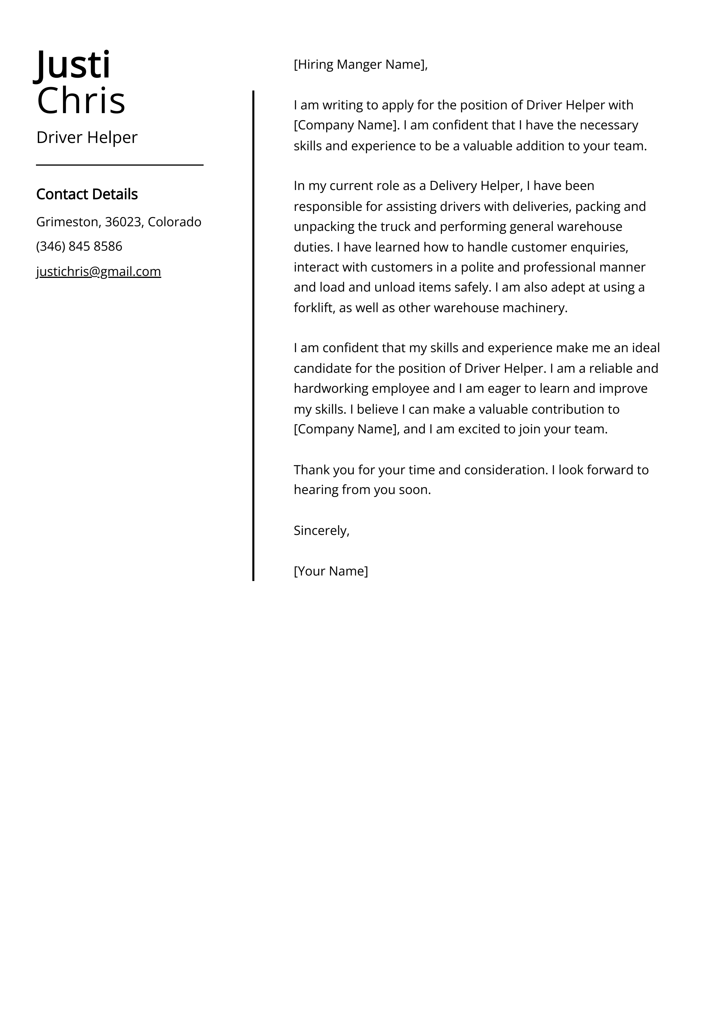 Driver Helper Cover Letter Example