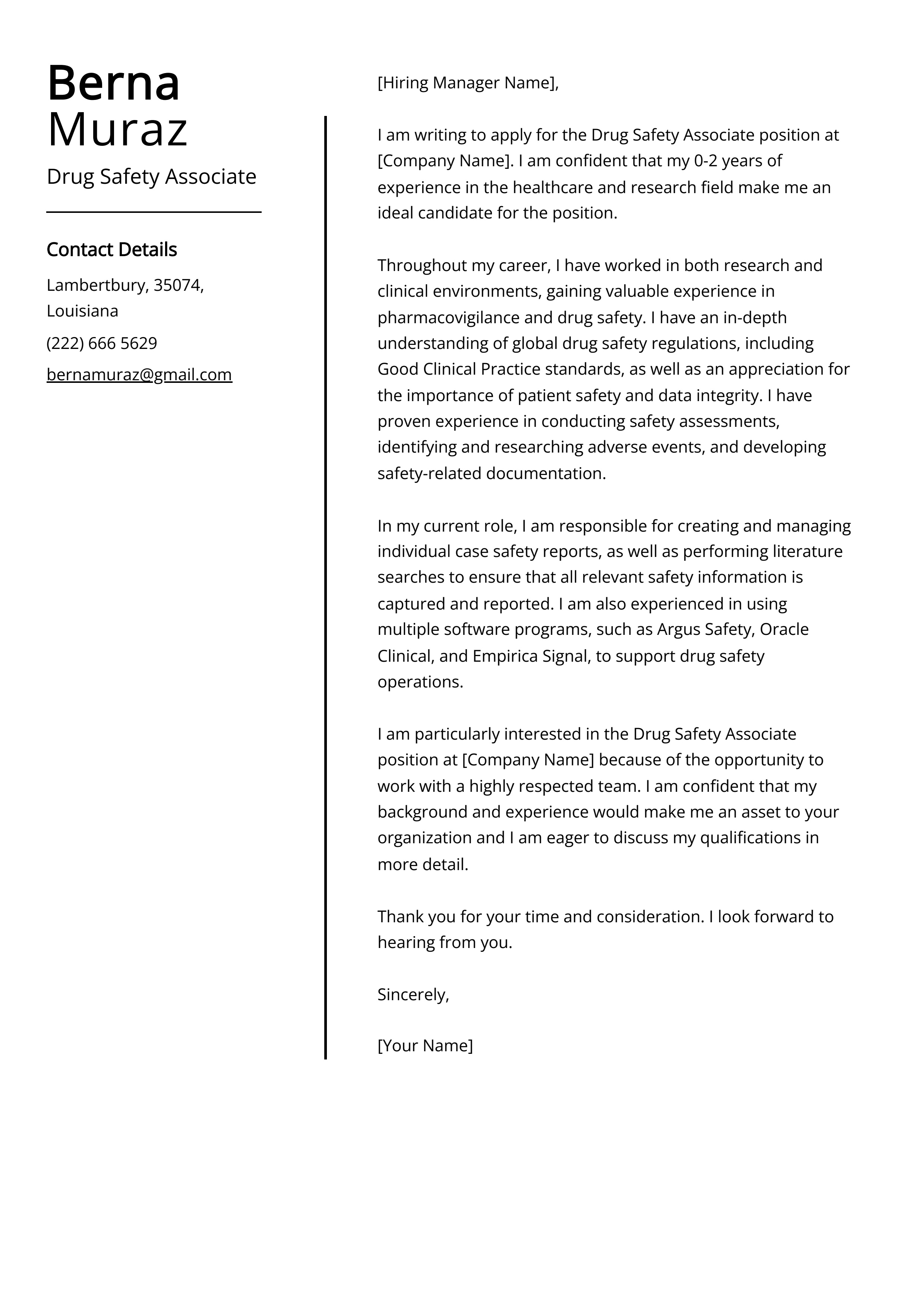Drug Safety Associate Cover Letter Example