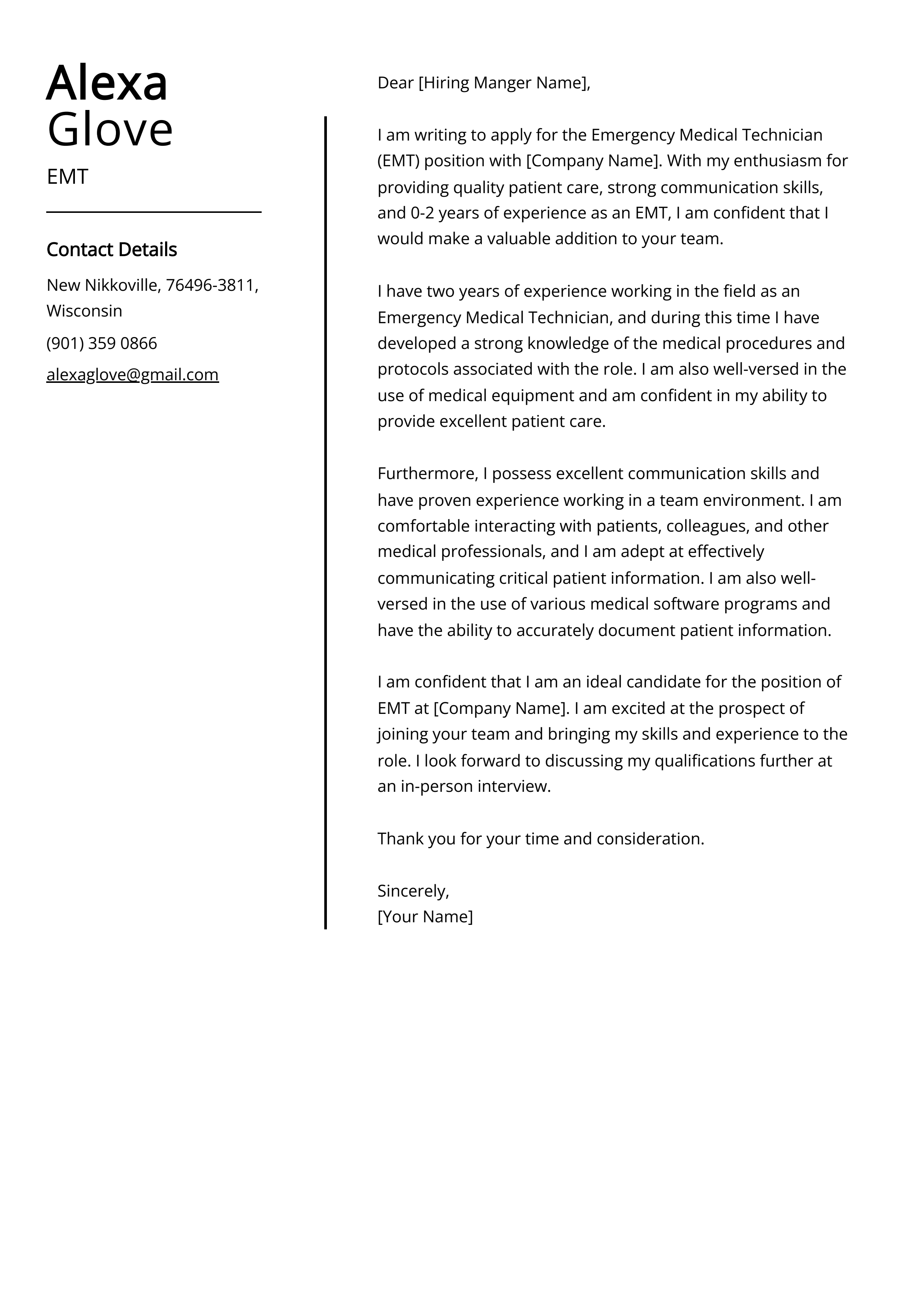 EMT Cover Letter Example