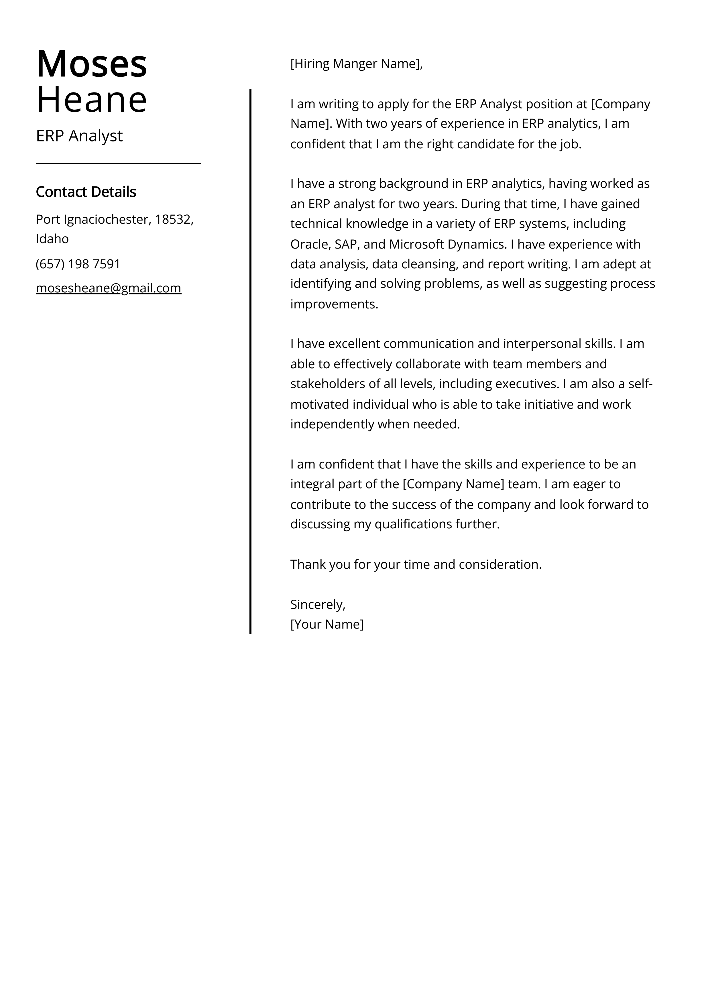 ERP Analyst Cover Letter Example